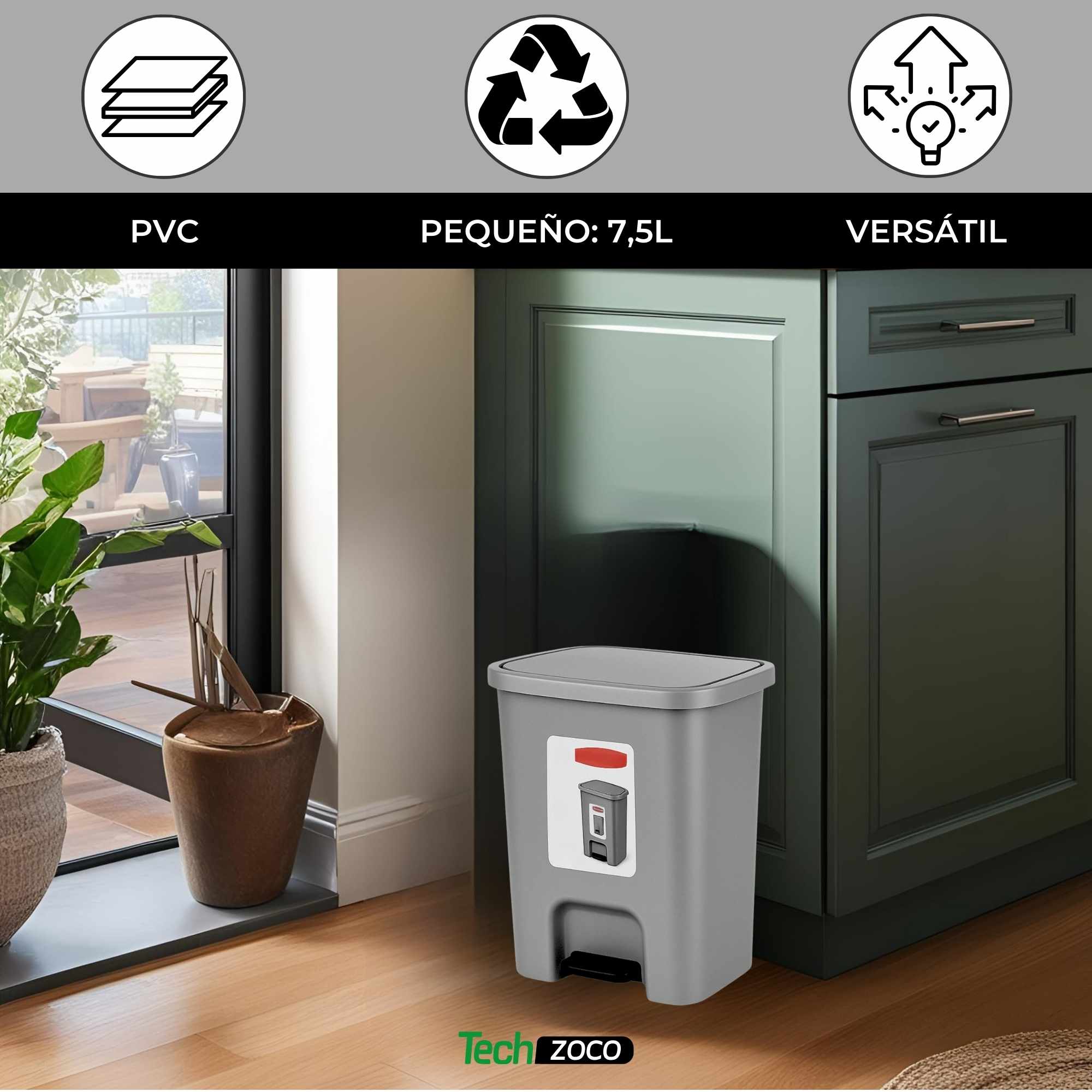 Cubo basura plastico apertura pedal 7.5 Litros Plateado - imagen 2