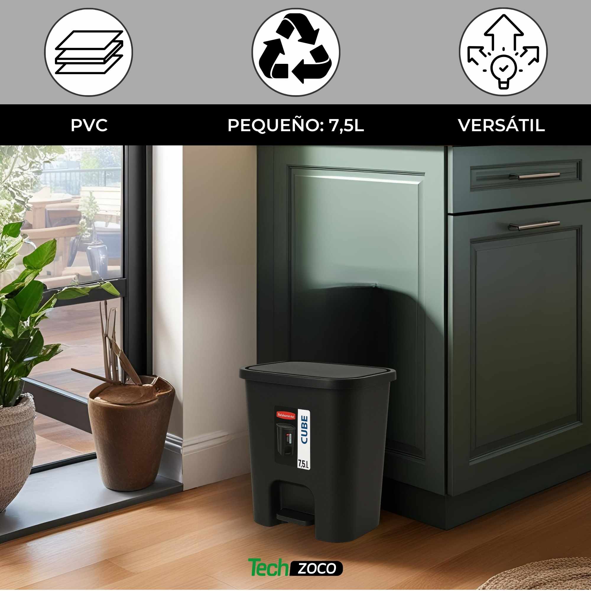 Cubo basura plastico apertura pedal 7.5 Litros Negro - imagen 2