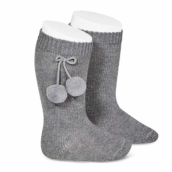 Calcetines Largos de Algodón Con Pompon para bebe 3 a 12 meses Gris - imagen 1