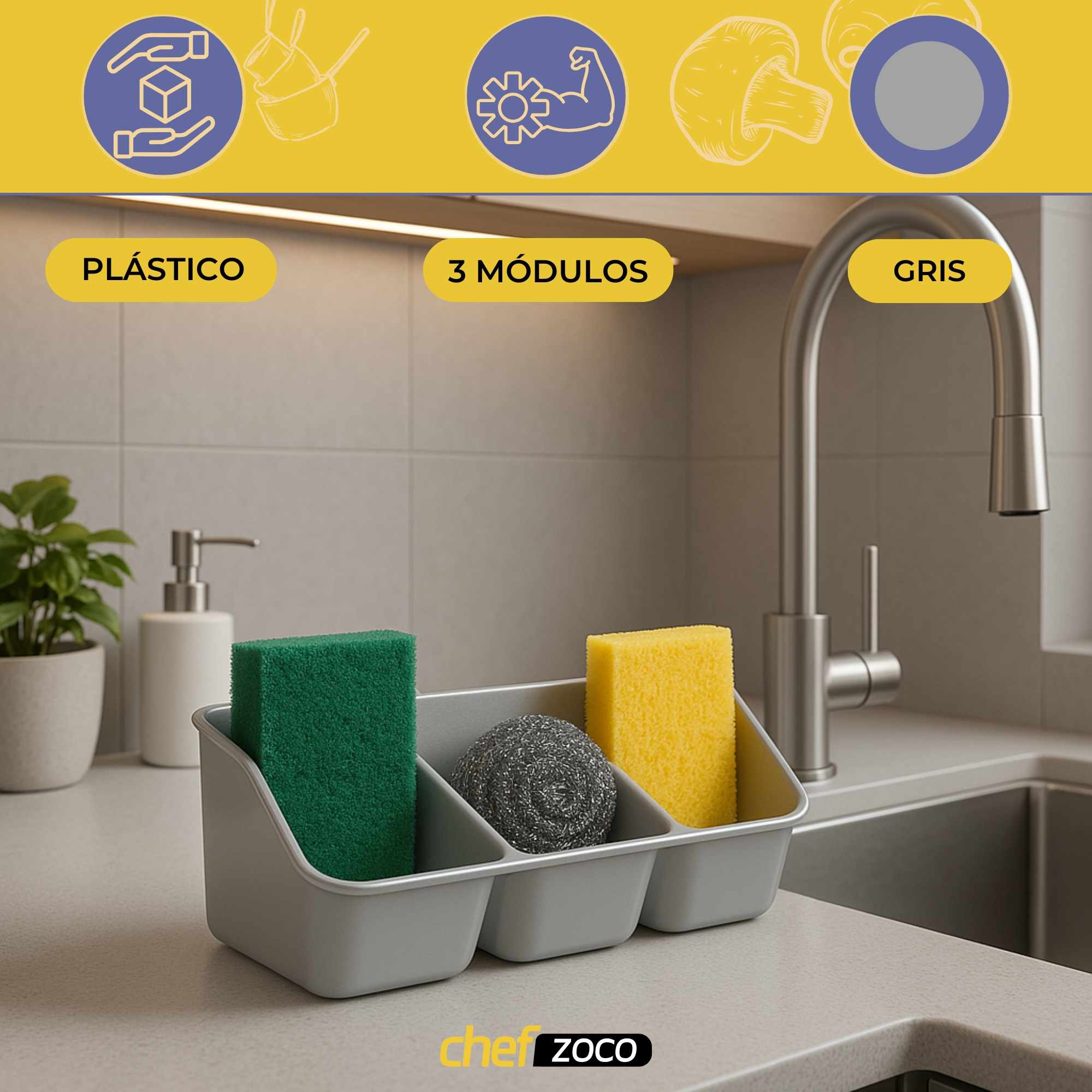 Organizador fregadero estropajero plastico Gris - imagen 2
