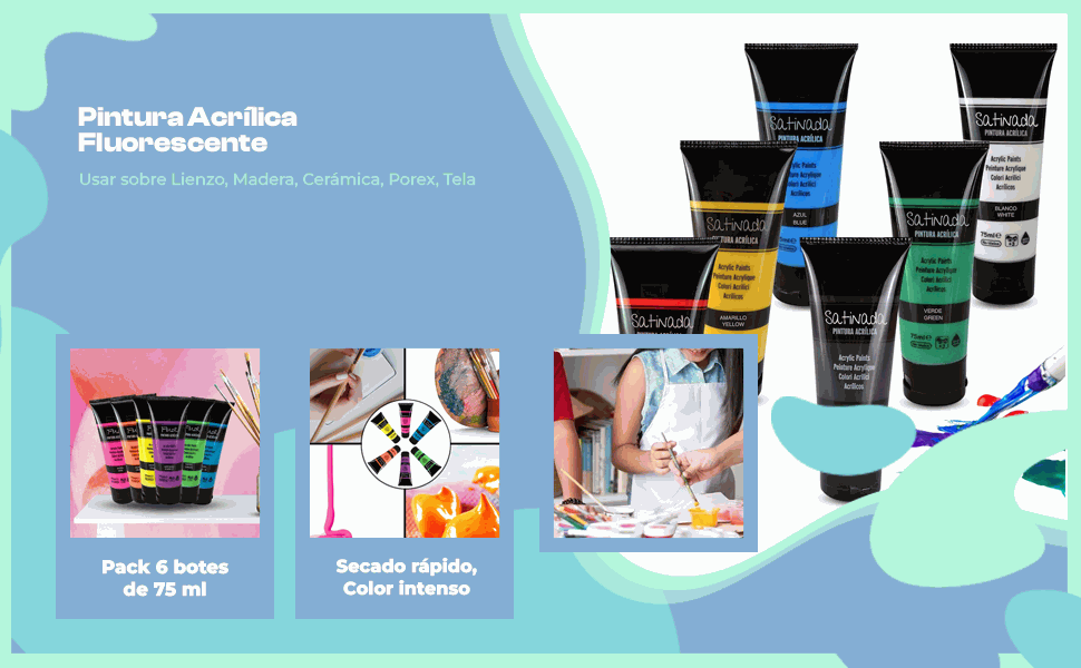 Banner - Pack Pinturas acrilicas Satinadas de 6 Colores para lienzos y Manualidades 75 ml