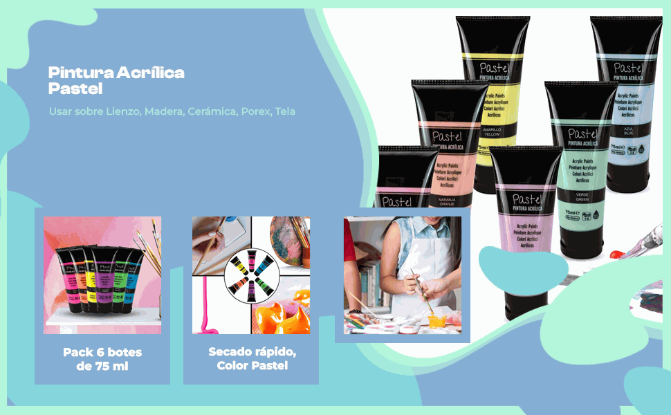 Banner - Pack Pinturas Pasteles de 6 Colores para lienzos y Manualidades 75 ml