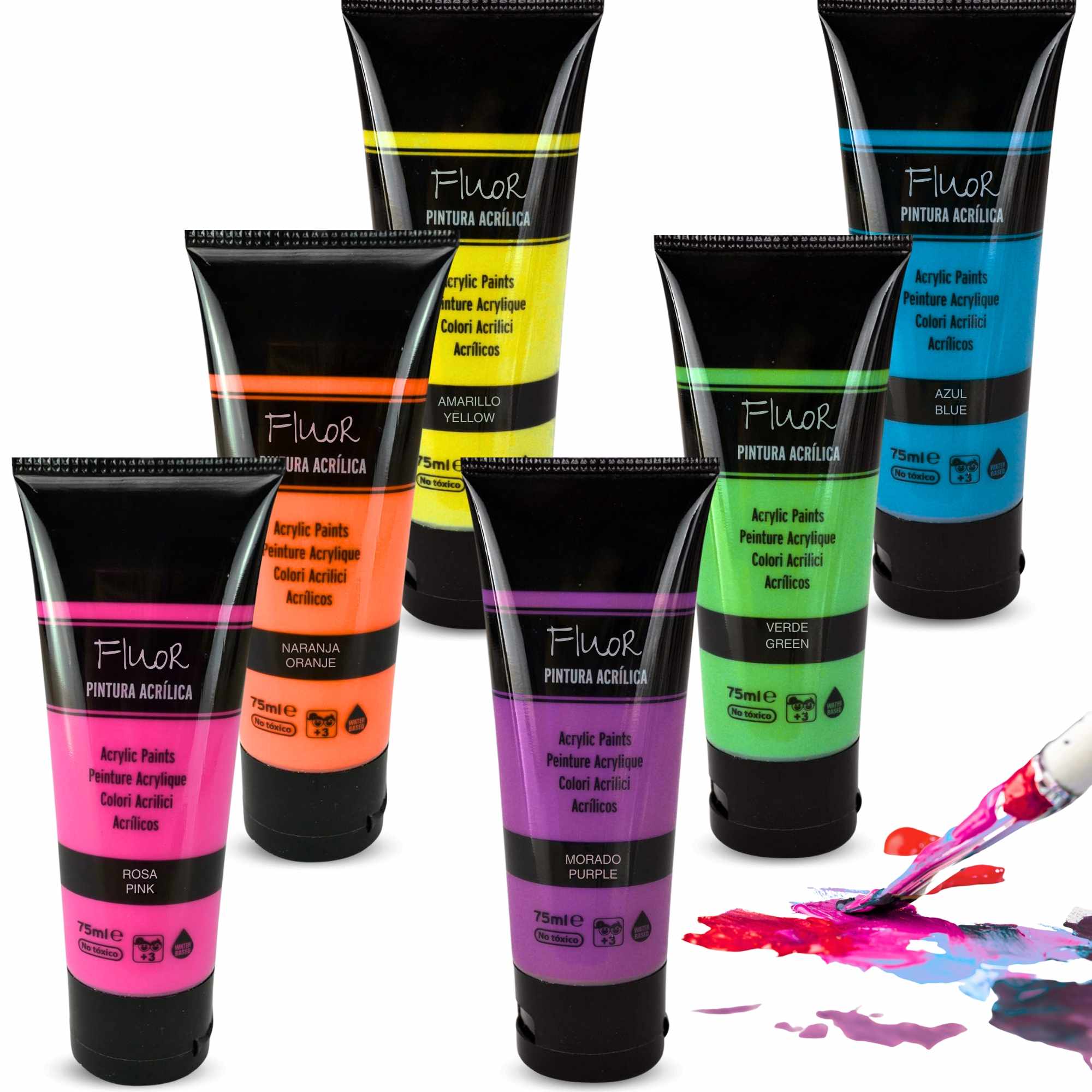 Pack Pinturas Fluor de 6 Colores para lienzos y Manualidades 75 ml - imagen 1