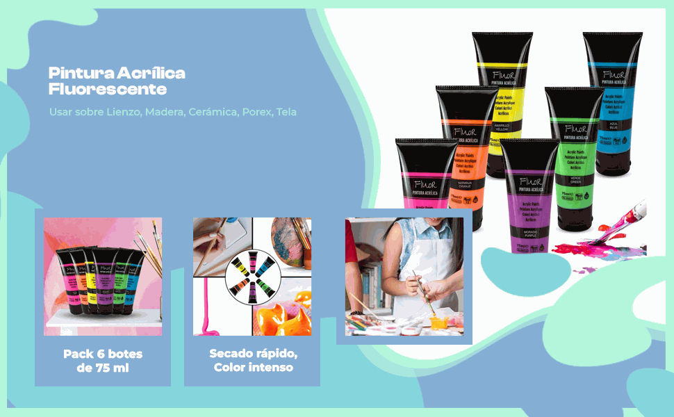 Banner - Pack Pinturas Fluor de 6 Colores para lienzos y Manualidades 75 ml