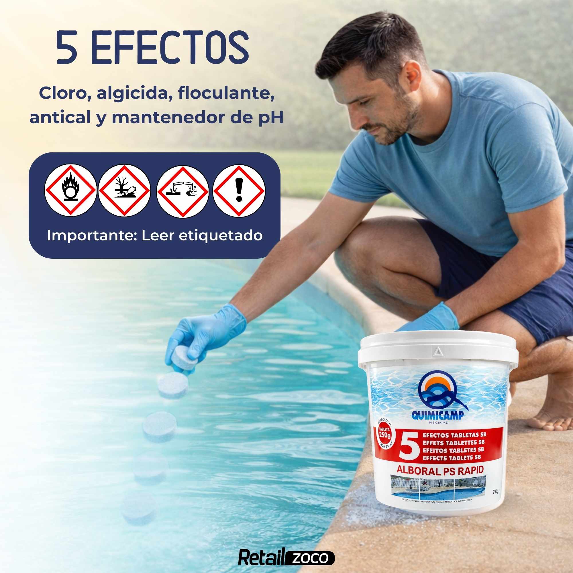 Cloro 5 Acciones en tabletas de 250 gr recuperador de agua 5 Kilos - imagen 2