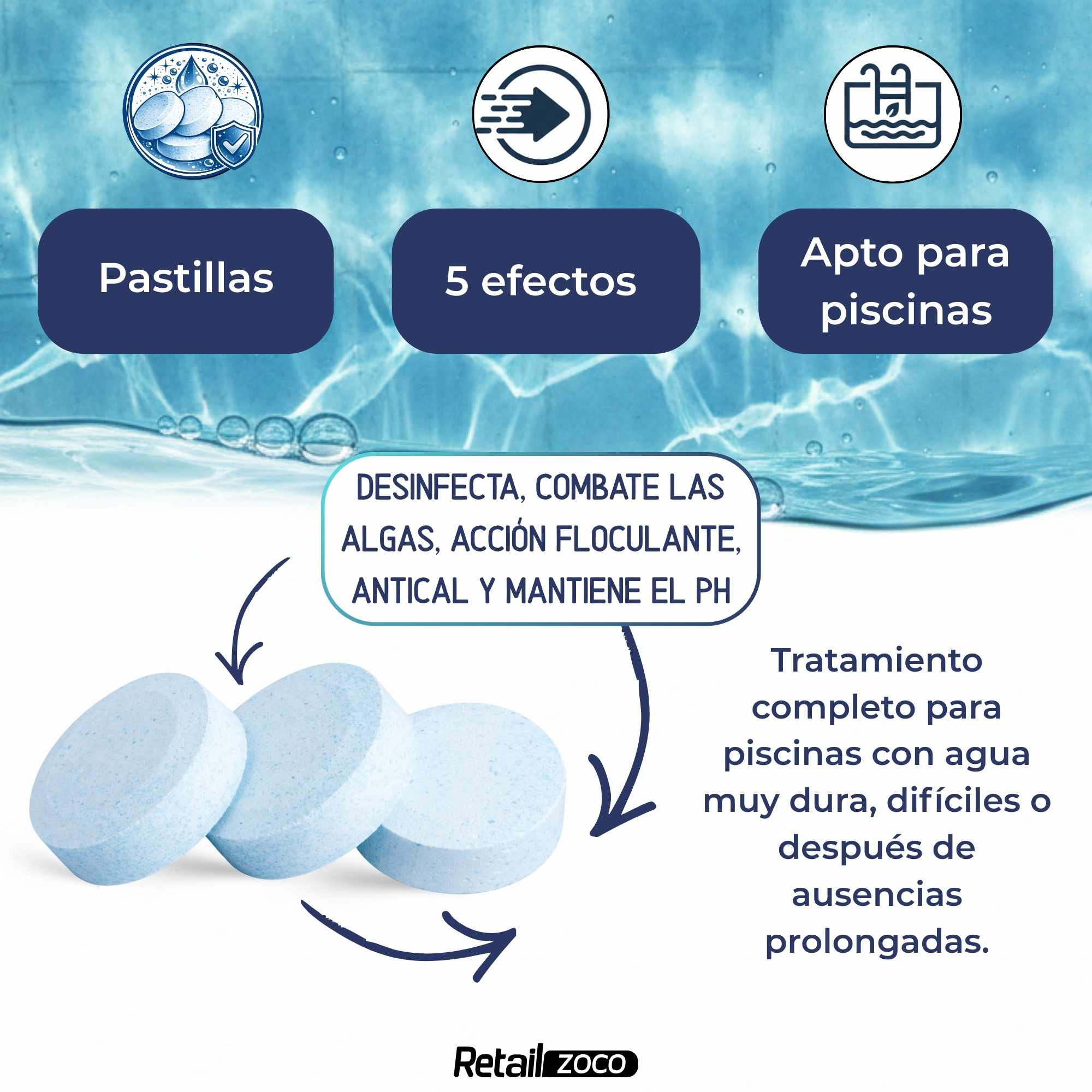 Cloro 5 Acciones en tabletas de 250 gr recuperador de agua 5 Kilos - imagen 6