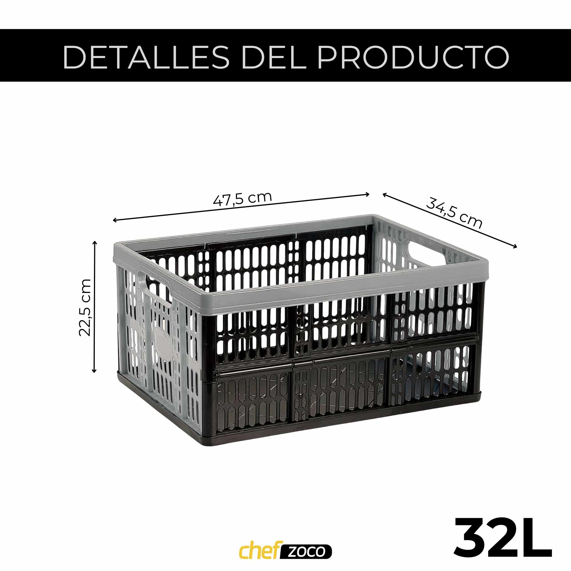 Caja plegable con asas plastico 32 Litros Gris y negra - imagen 5