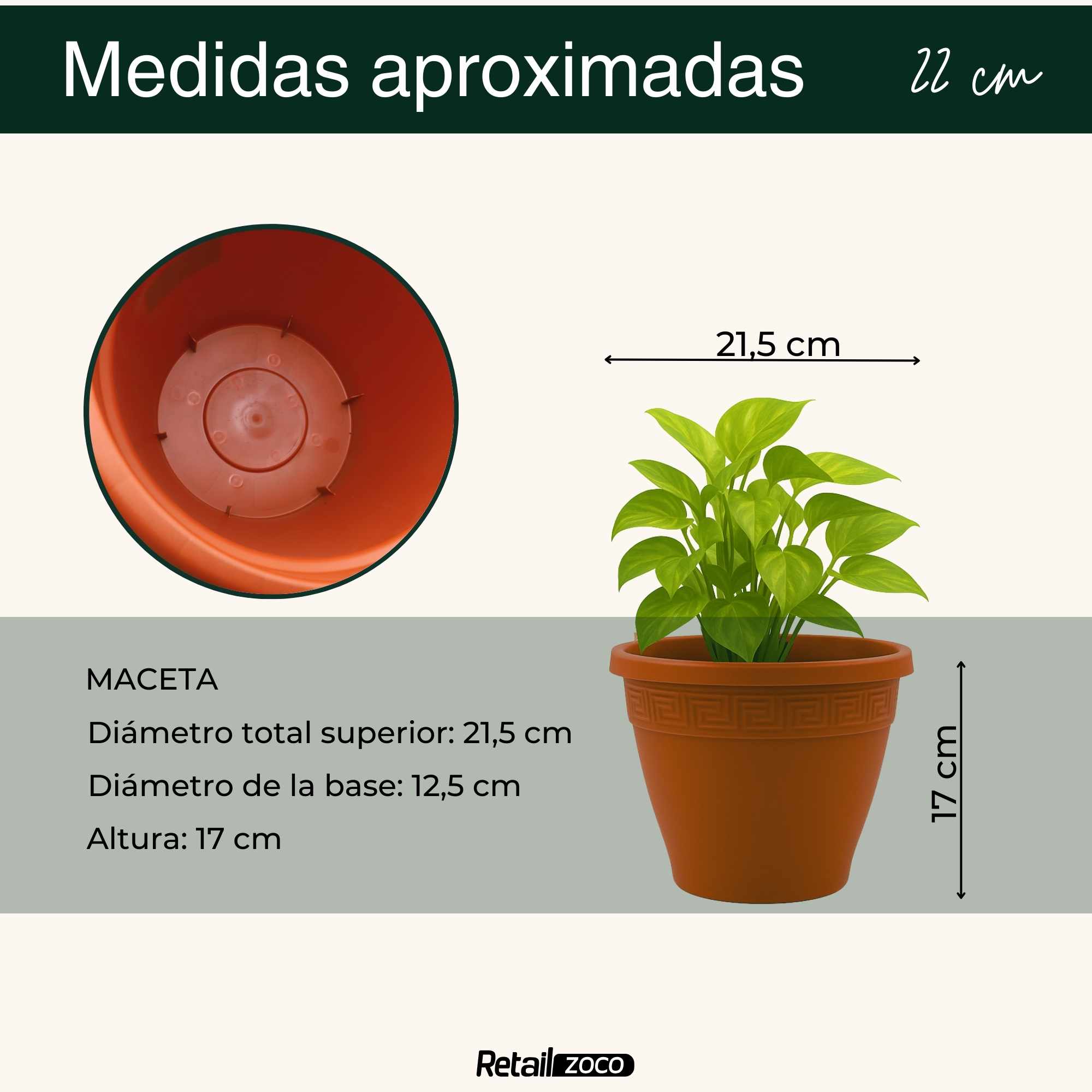 Macetero redondo de plastico 22 cm Terracota - imagen 4