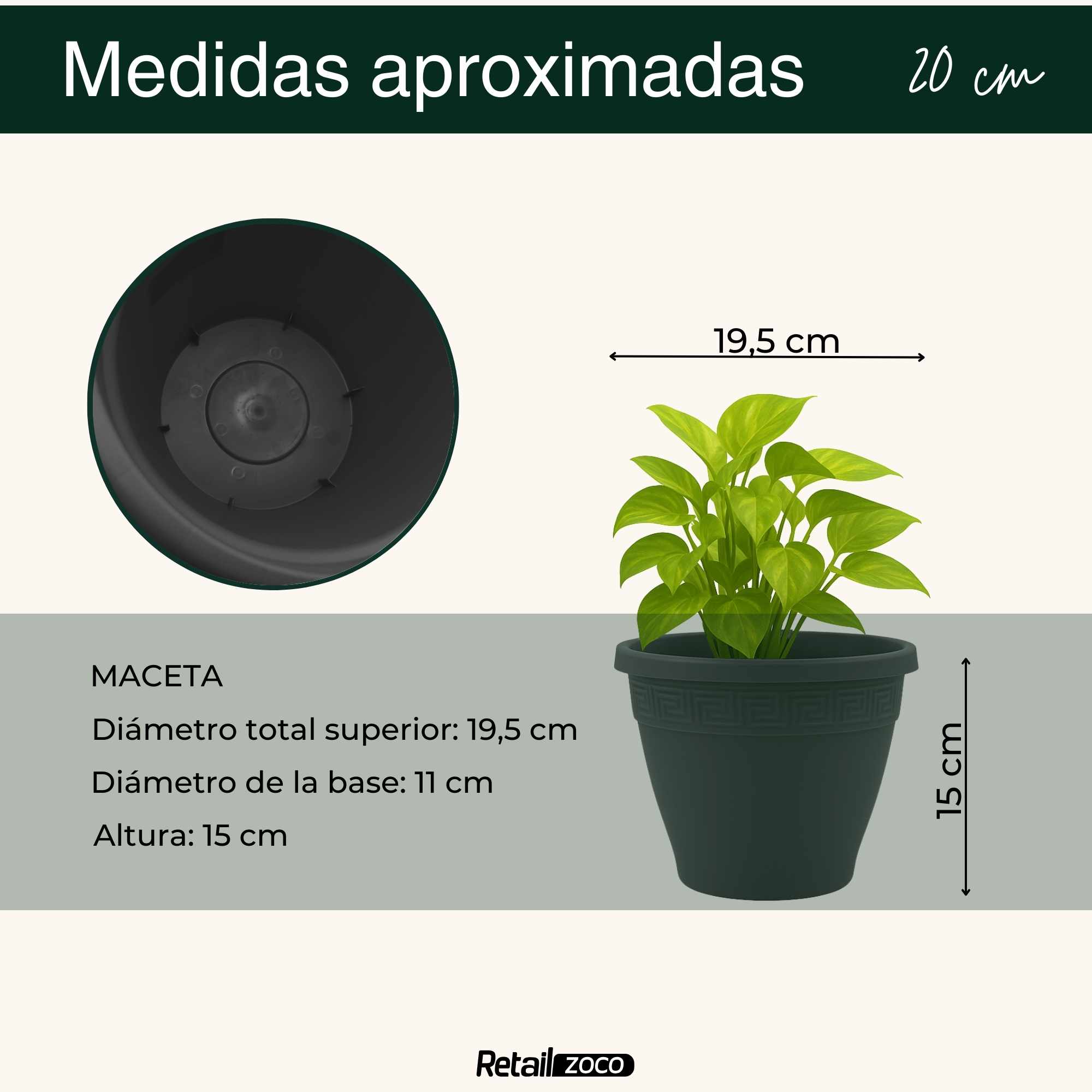 Macetero redondo de plastico 20 cm Antracita - imagen 4