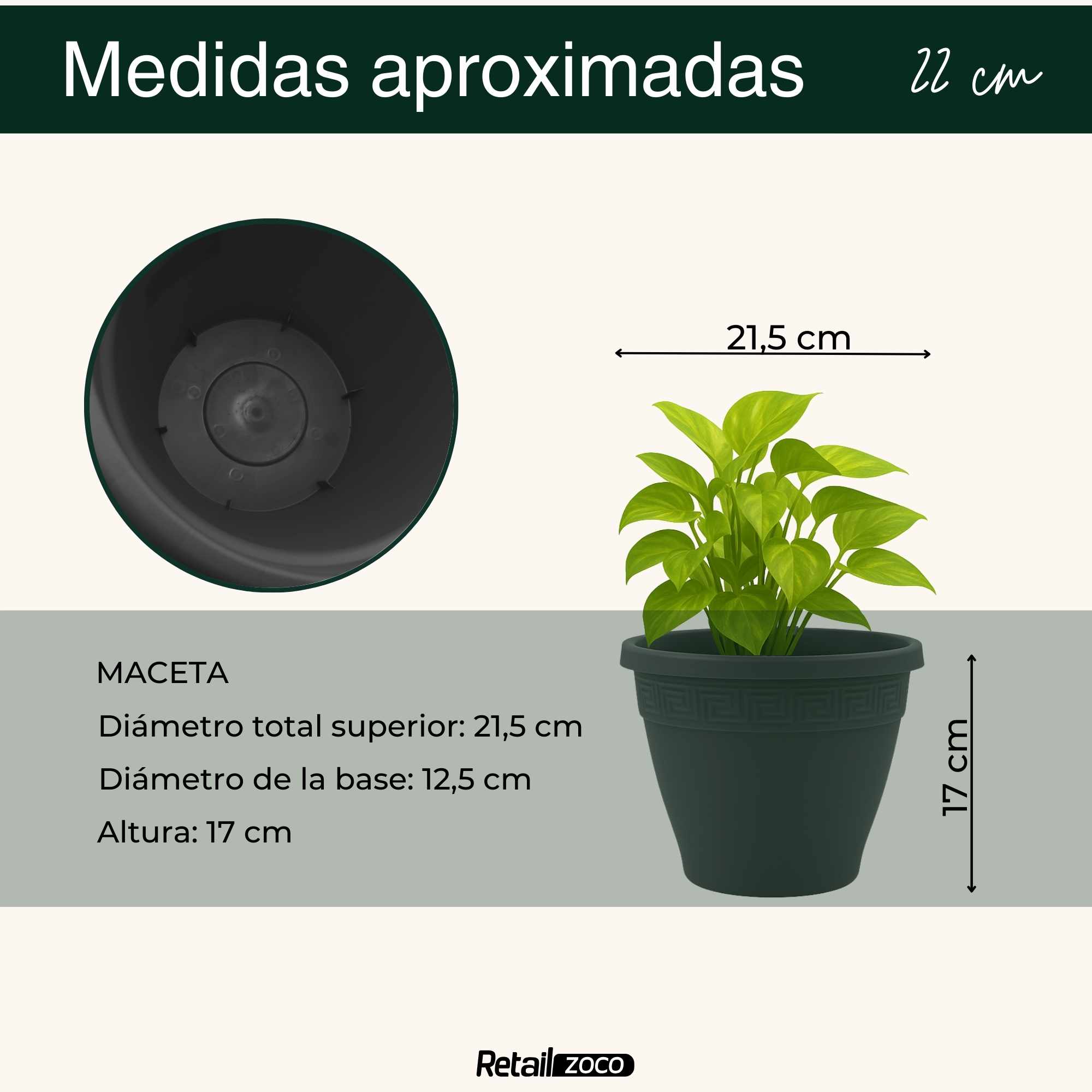 Macetero redondo de plastico 22 cm Antracita - imagen 4