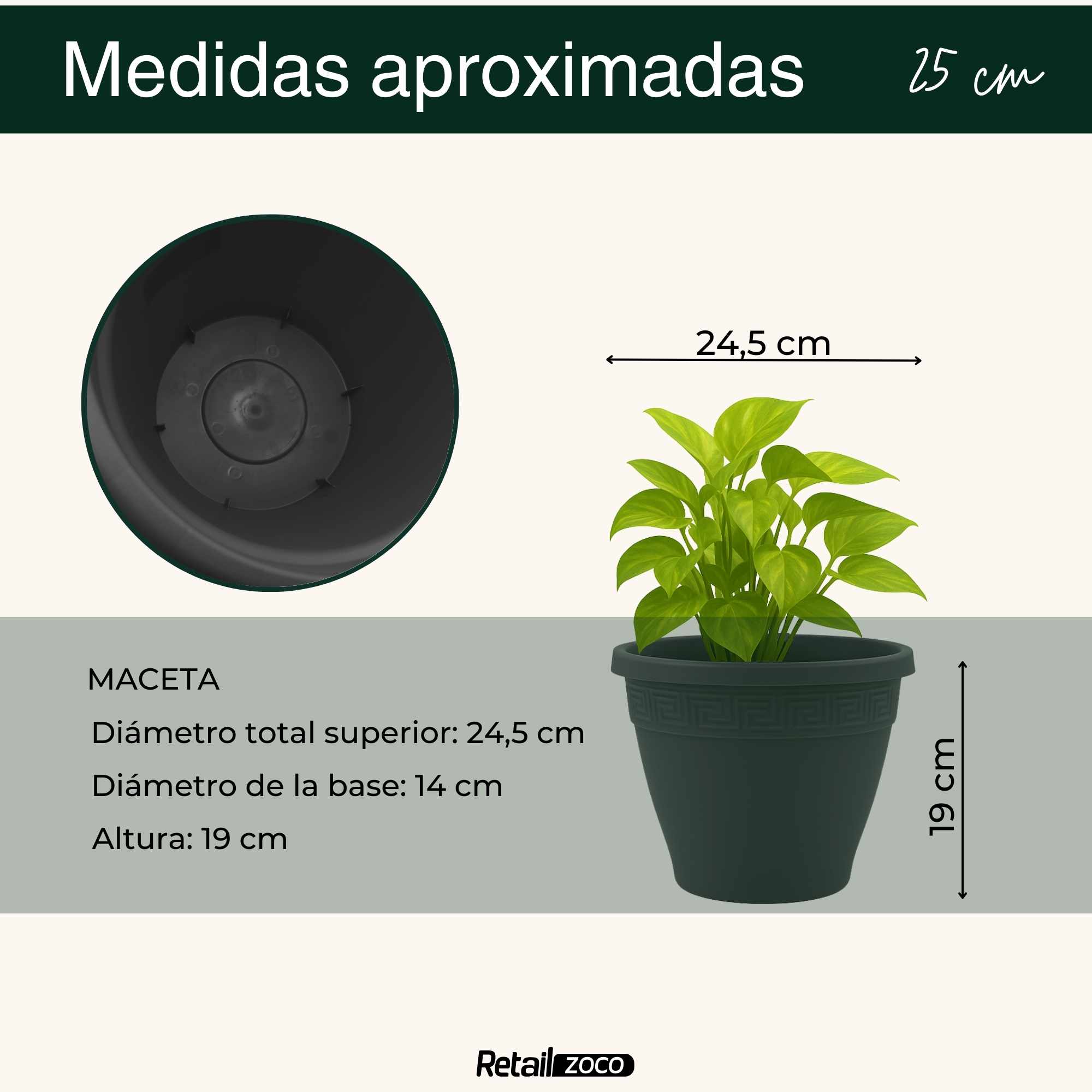 Macetero redondo de plastico 25 cm Antracita - imagen 4