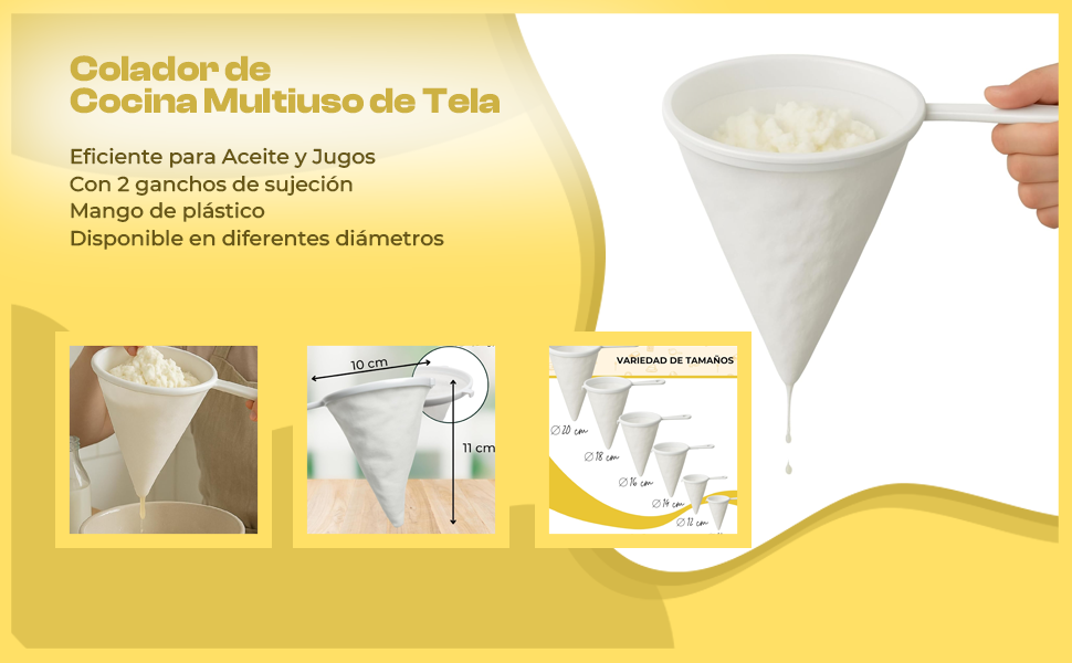 Banner - Colador de Cocina Multiuso de Tela, Colador kefir, Utensilio para colar cafe, Filtro Eficiente para Aceite y Jugos, Mango de plástico, Con 2 ganchos de sujeción, Diámetro del colador 10 cm