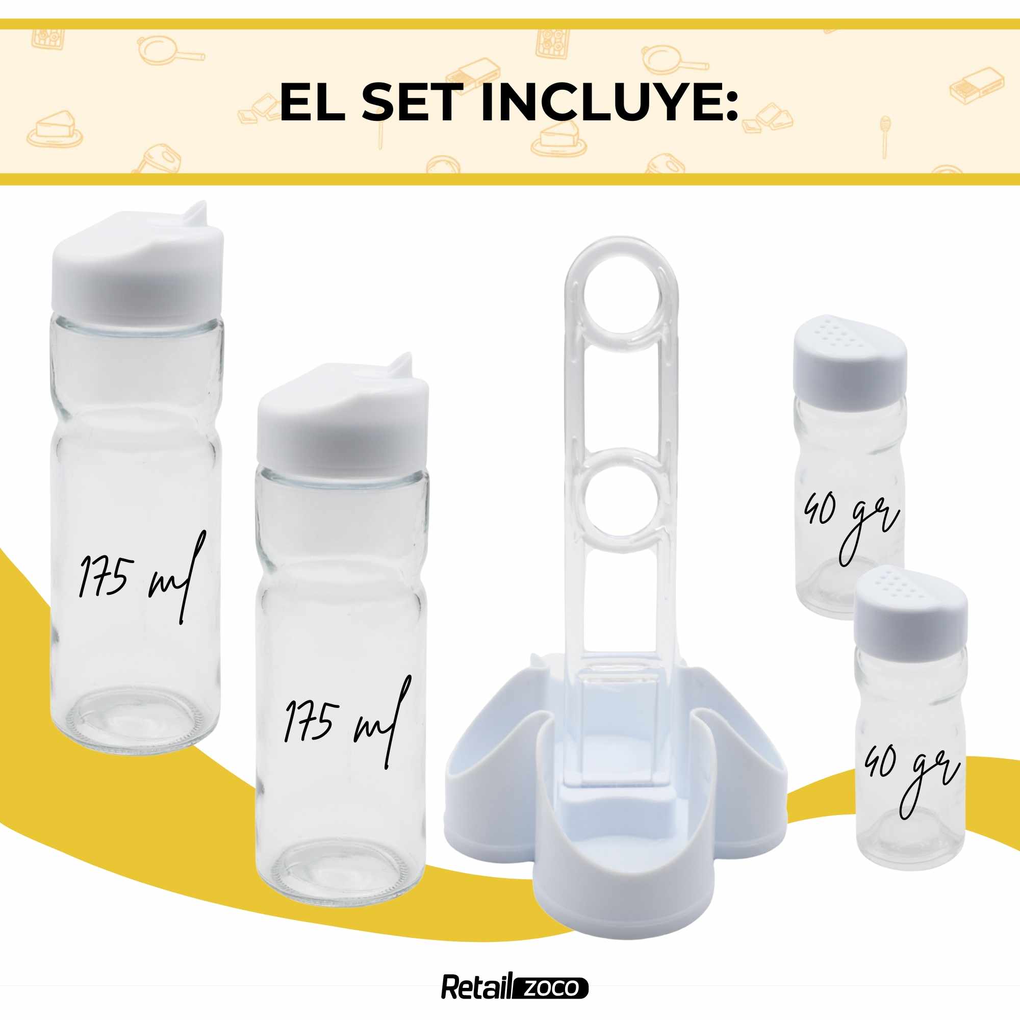 Set de aceitera vinagrera salero y pimentero de vidrio y plástico blanco - imagen 4