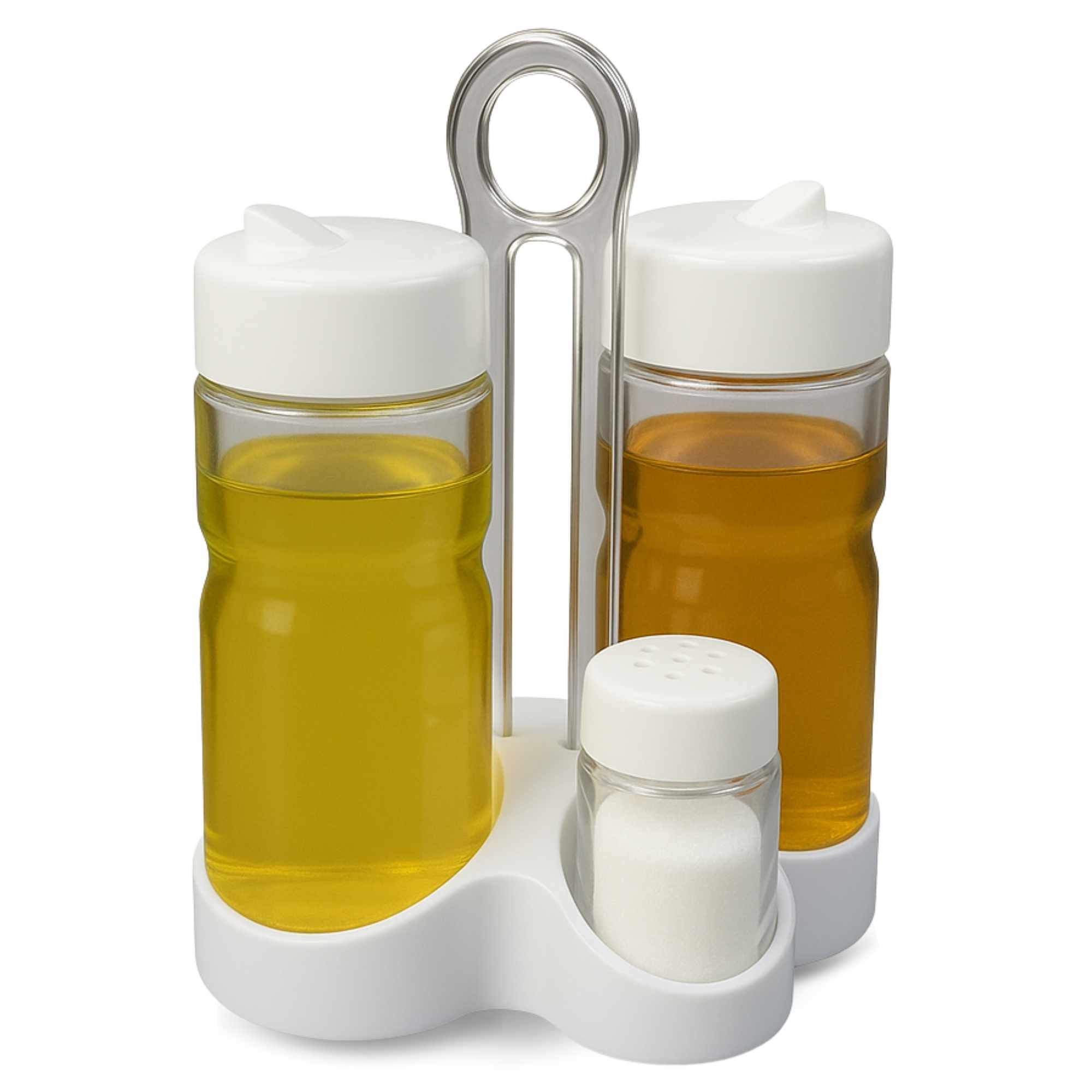 Set de aceitera vinagrera salero y pimentero de vidrio y plástico blanco