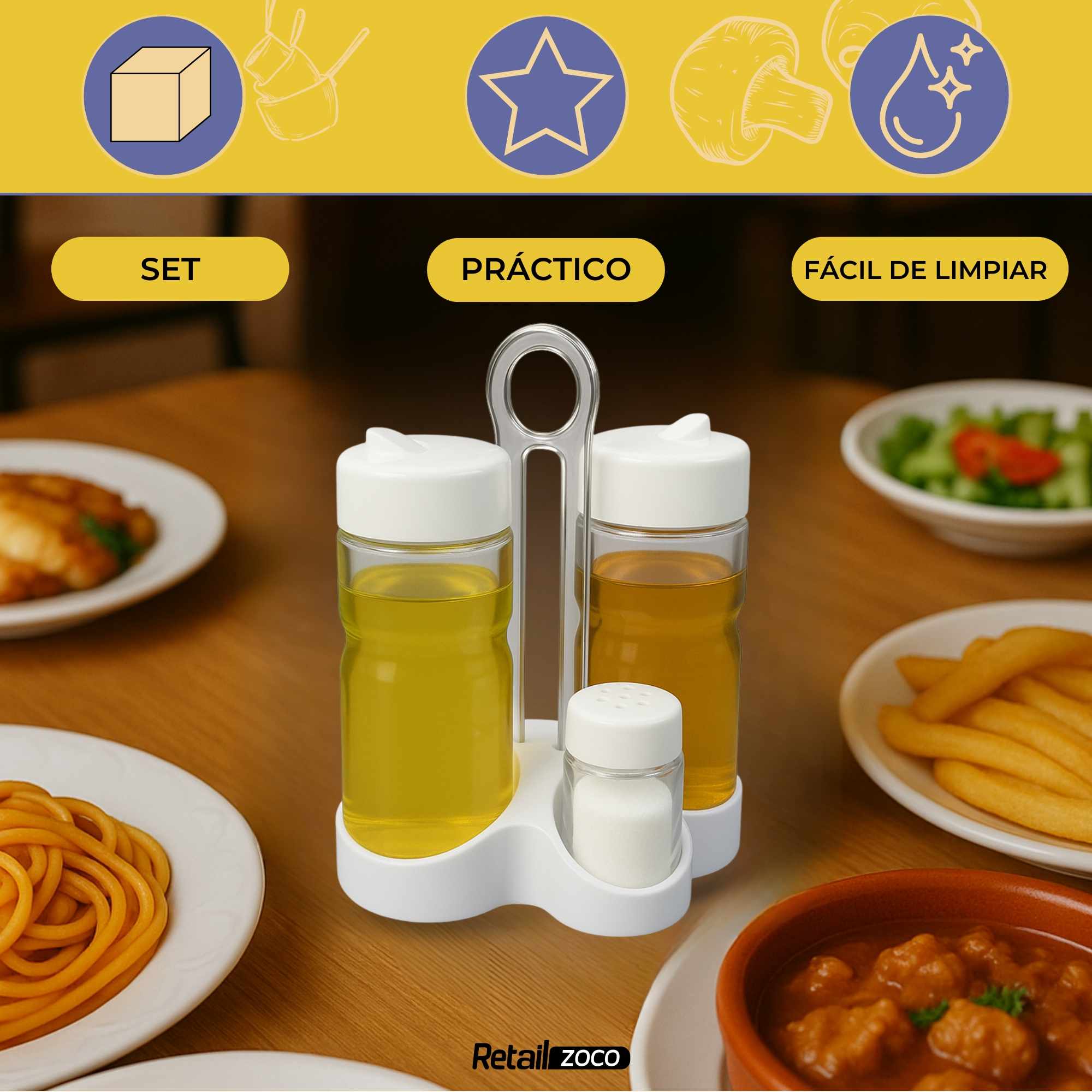 Set de aceitera vinagrera salero y pimentero de vidrio y plástico blanco - imagen 2