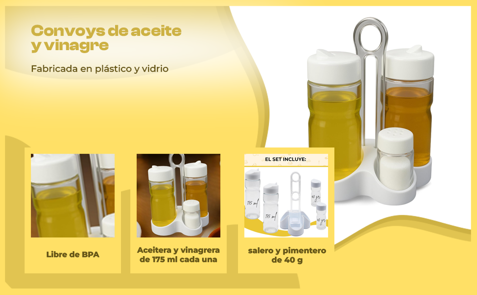 Banner - Set de aceitera vinagrera salero y pimentero de vidrio y plástico blanco