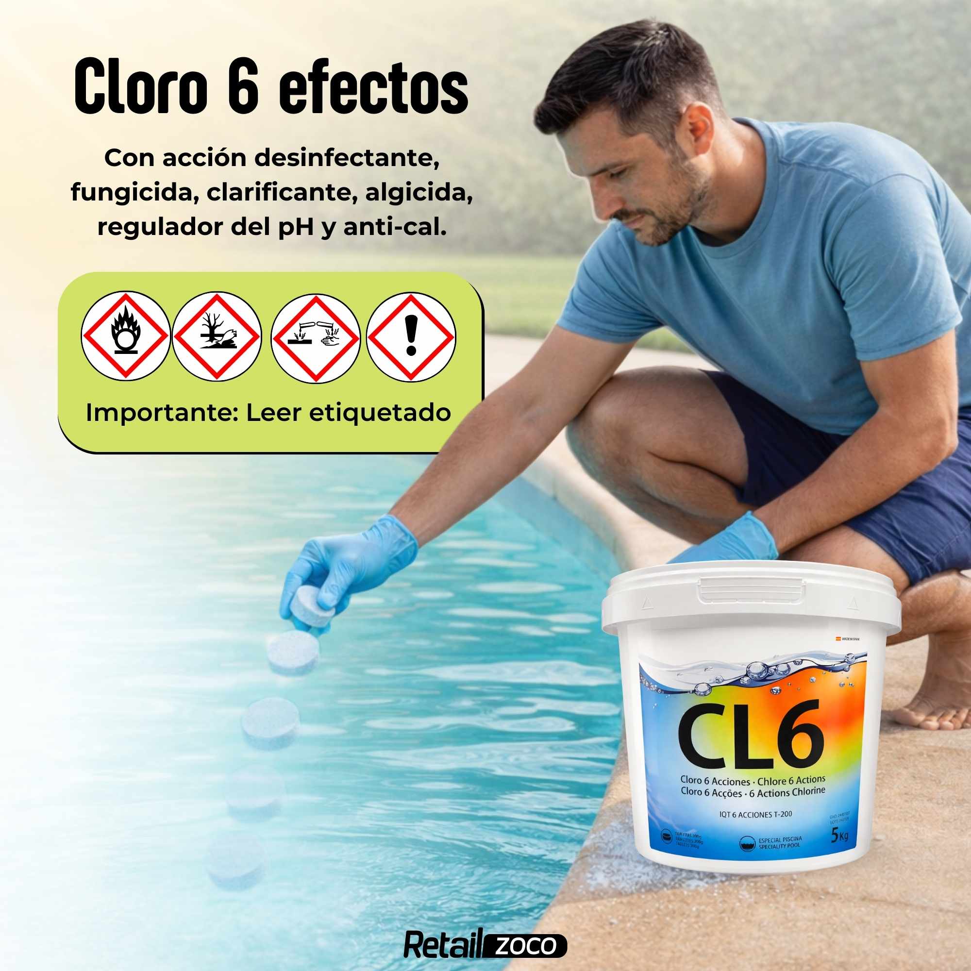 Cloro 6 Acciones en tabletas de 200 gr recuperador de agua 5 Kilos - imagen 2