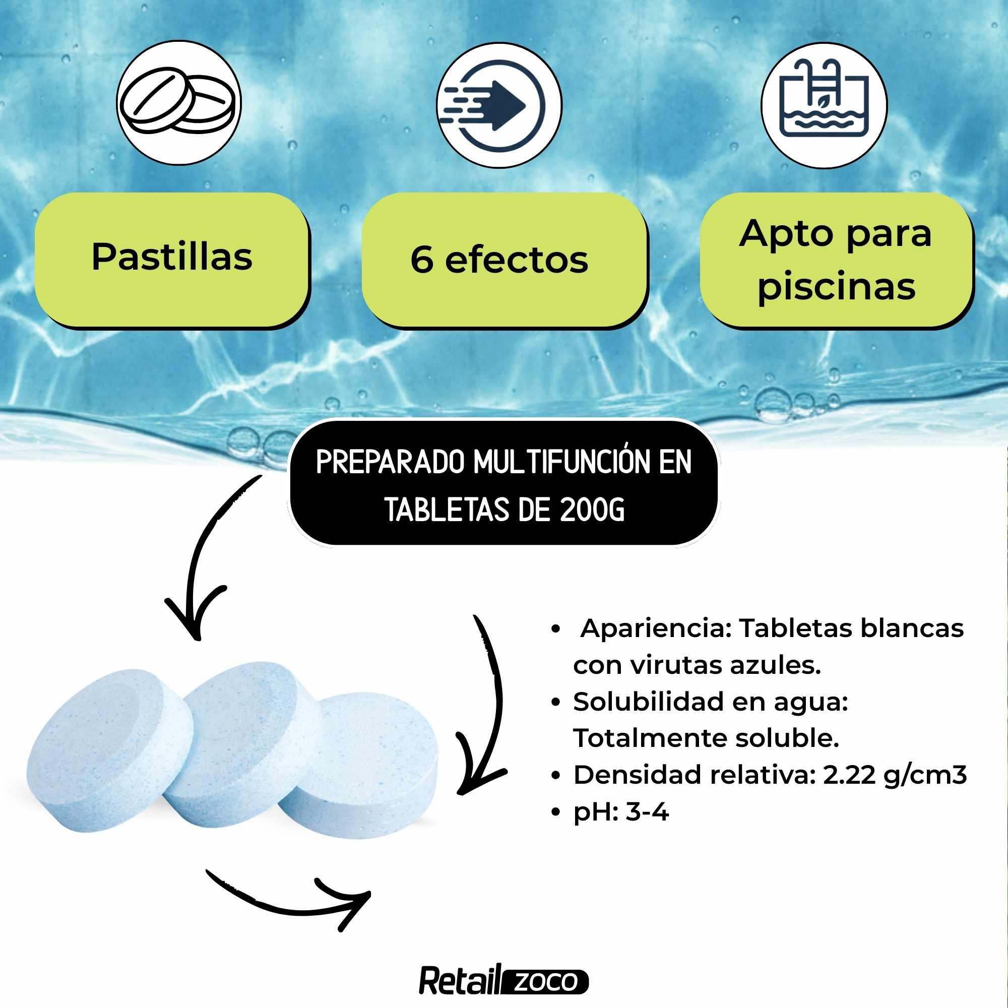Cloro 6 Acciones en tabletas de 200 gr recuperador de agua 5 Kilos - imagen 3
