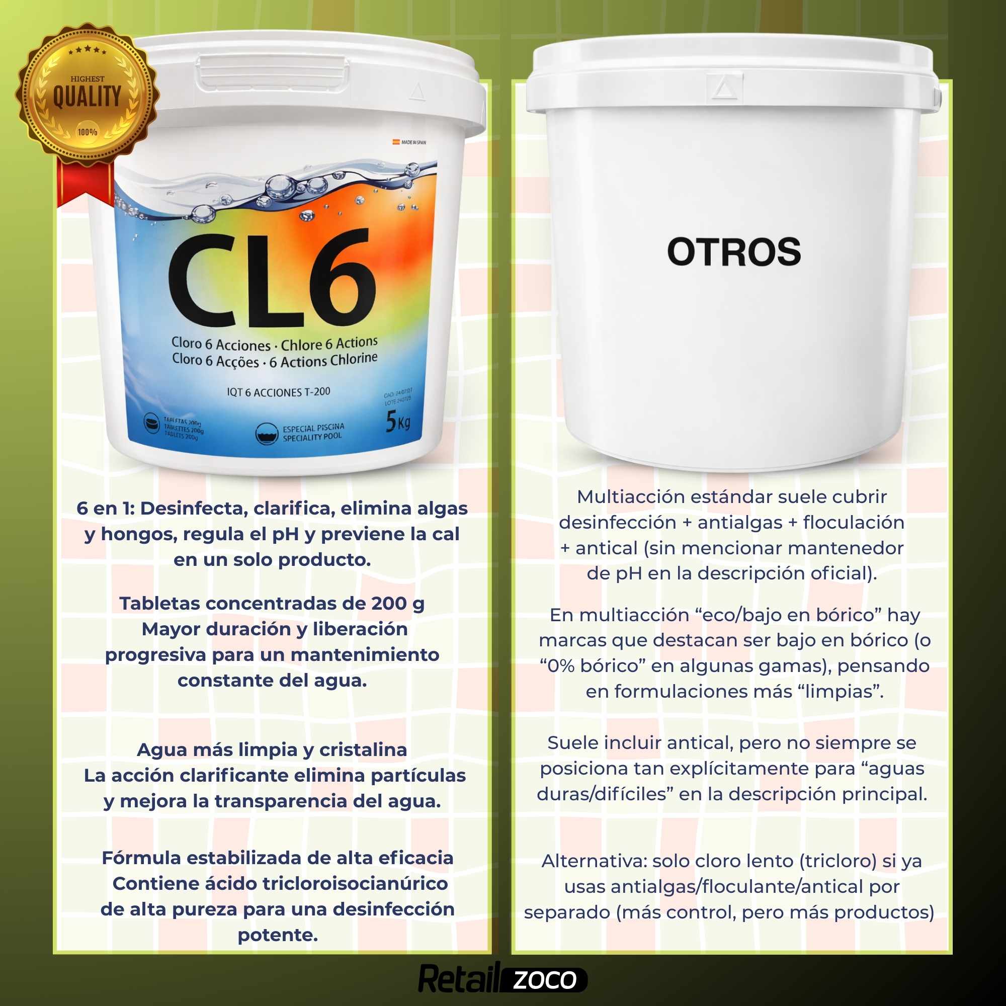 Cloro 6 Acciones en tabletas de 200 gr recuperador de agua 5 Kilos - imagen 4