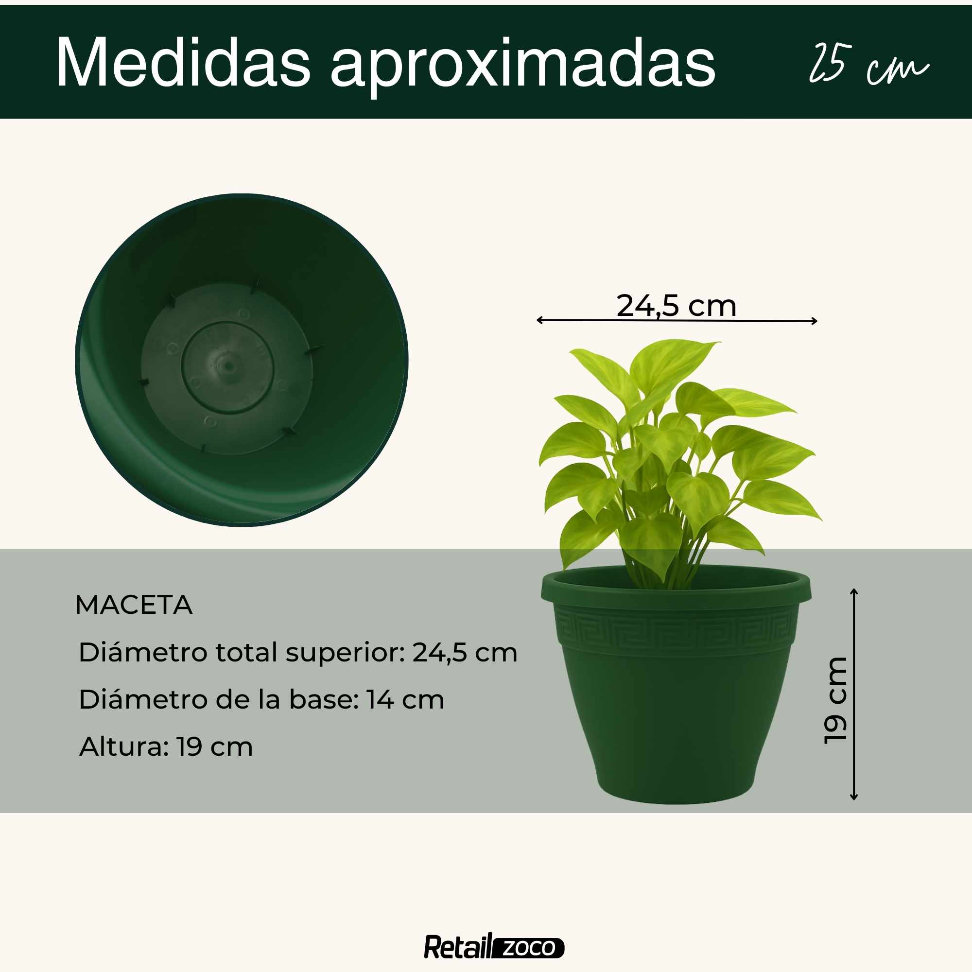 Macetero redondo de plastico 25 cm Verde - imagen 4