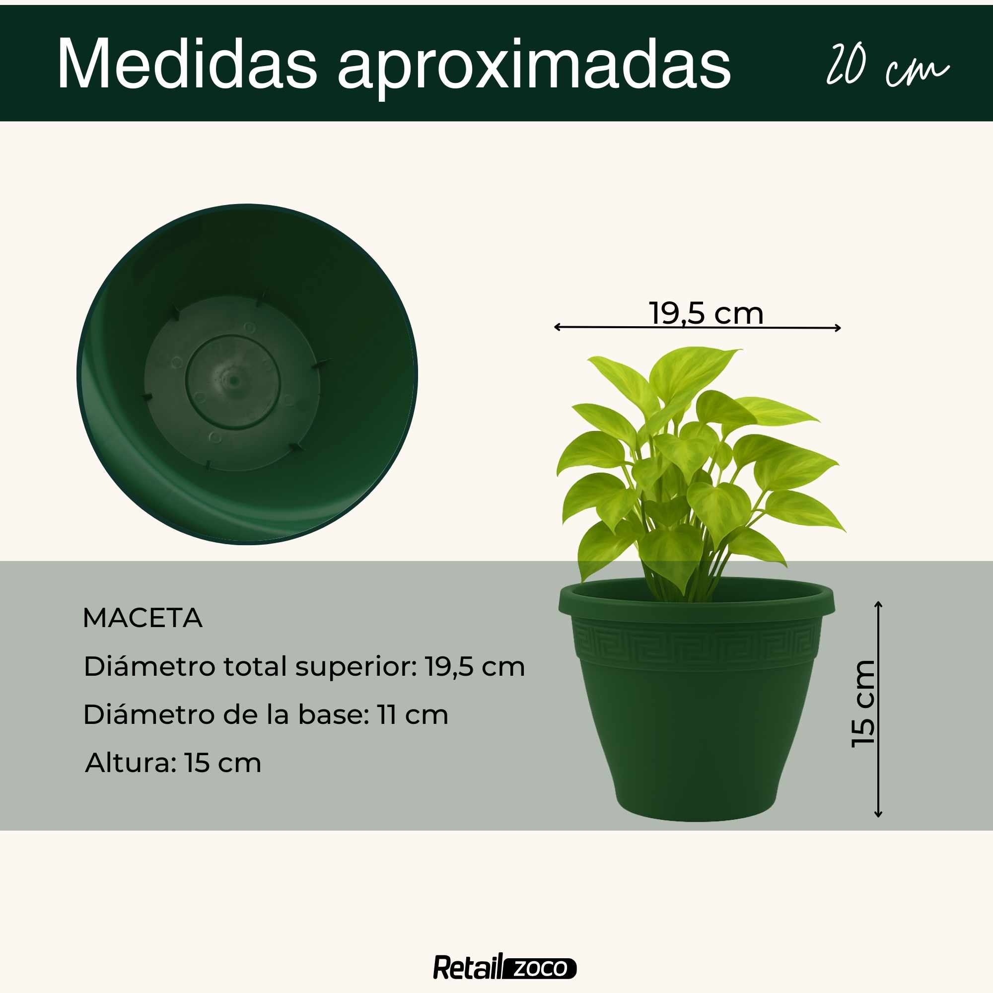 Macetero redondo de plastico 20 cm Verde - imagen 3