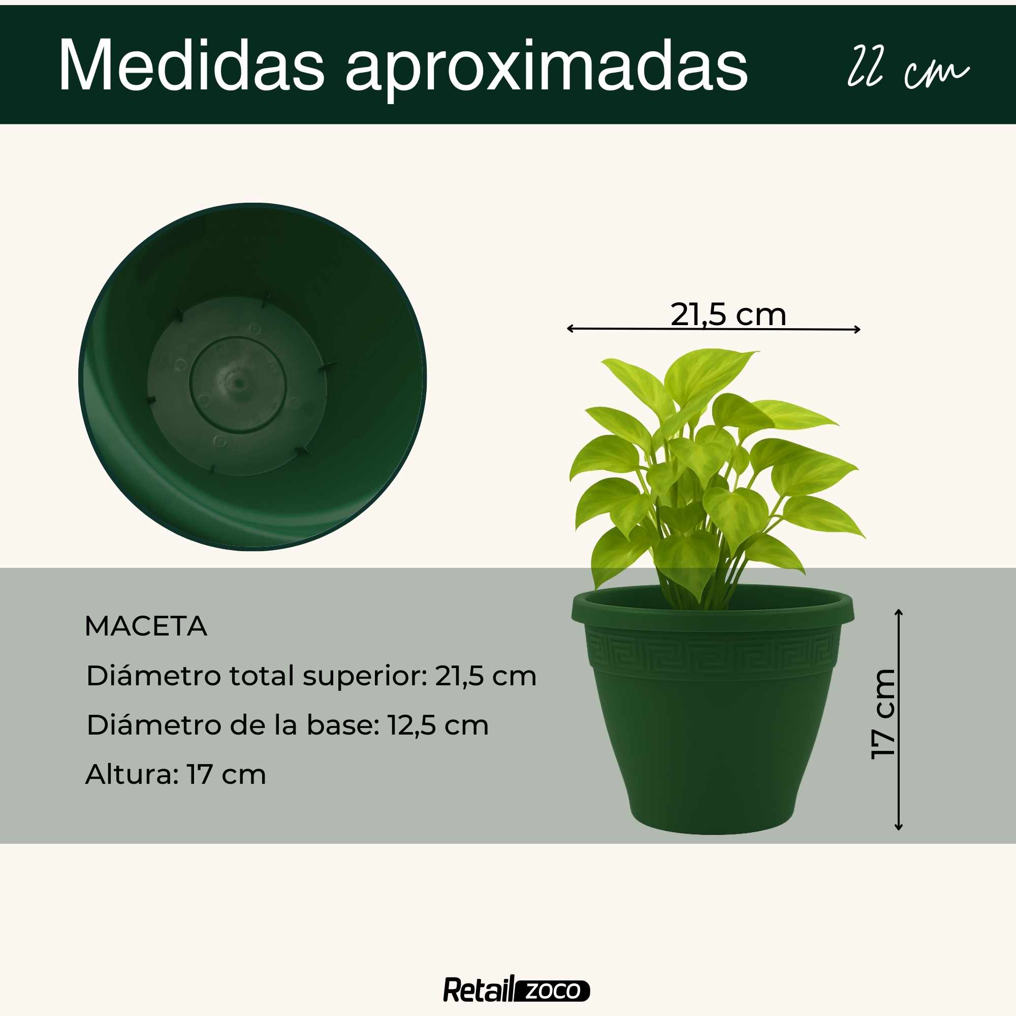 Macetero redondo de plastico 22 cm Verde - imagen 4