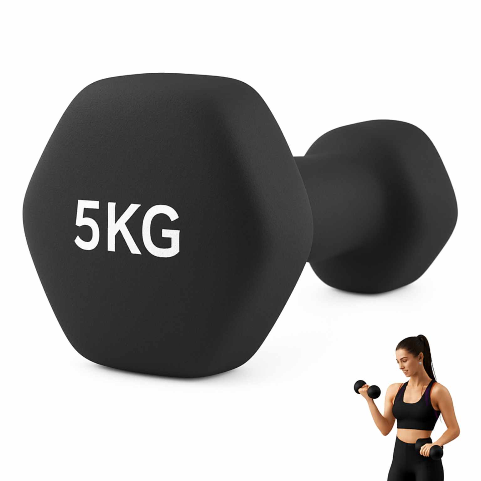 Mancuerna de neopreno hexagonal fitness Negro 5 Kg - imagen 1