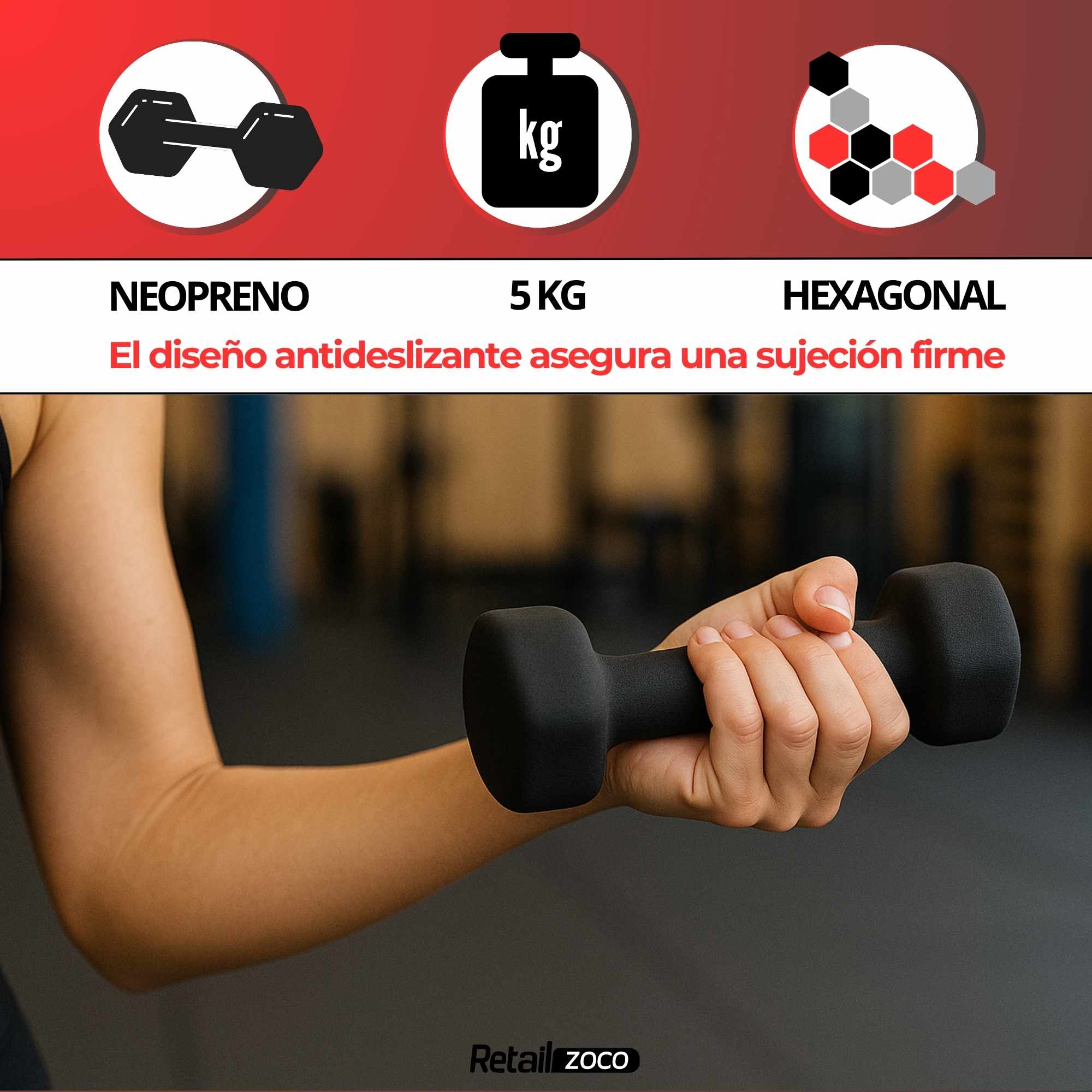Mancuerna de neopreno hexagonal fitness Negro 5 Kg - imagen 3