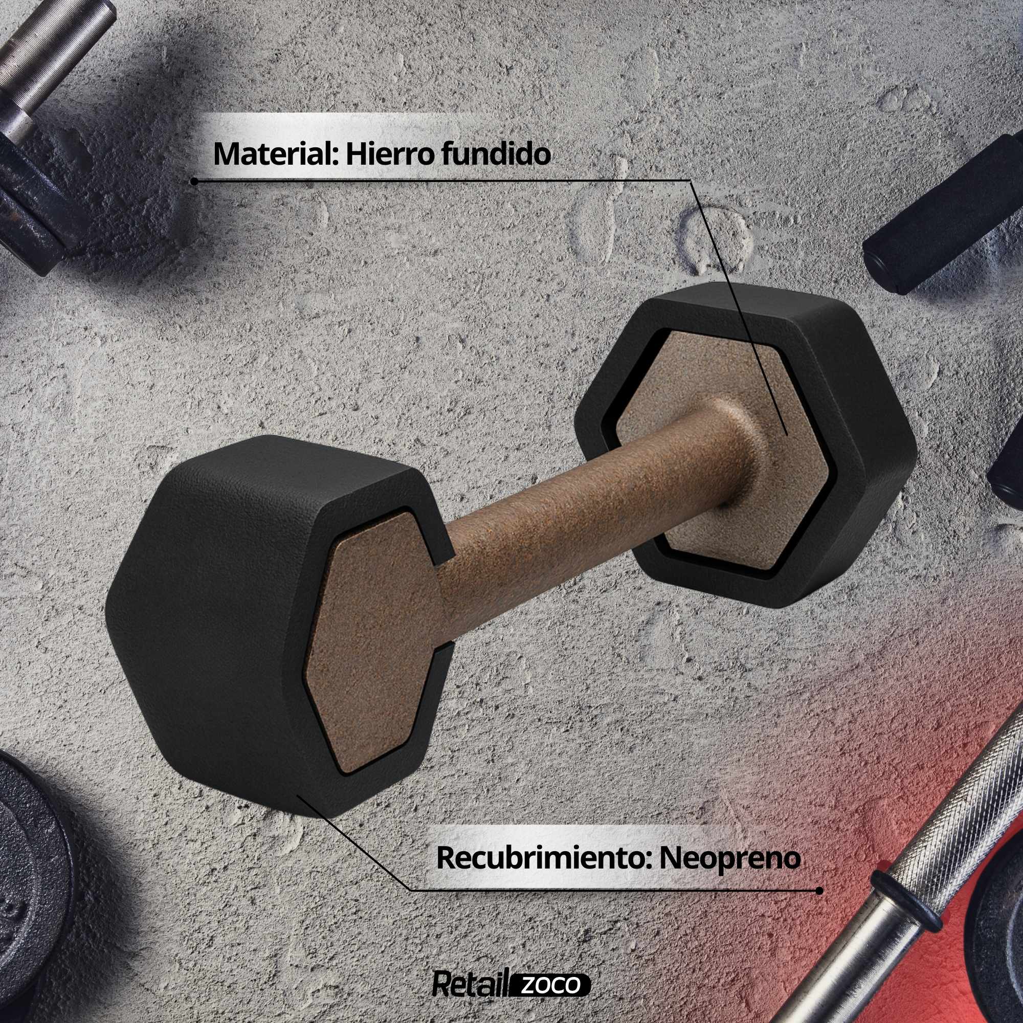 Mancuerna de neopreno hexagonal fitness Negro 5 Kg - imagen 4