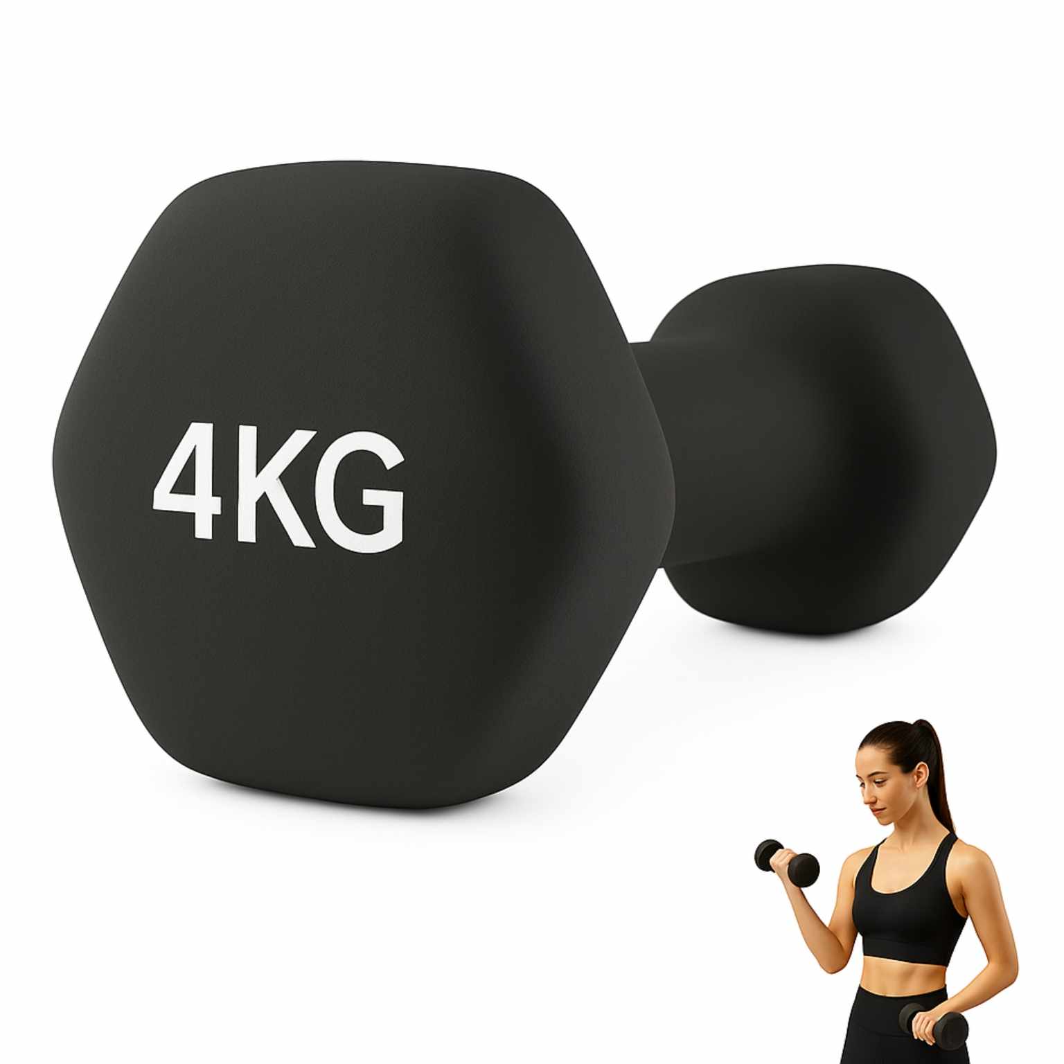 Mancuerna de neopreno hexagonal fitness Negro 4 Kg
