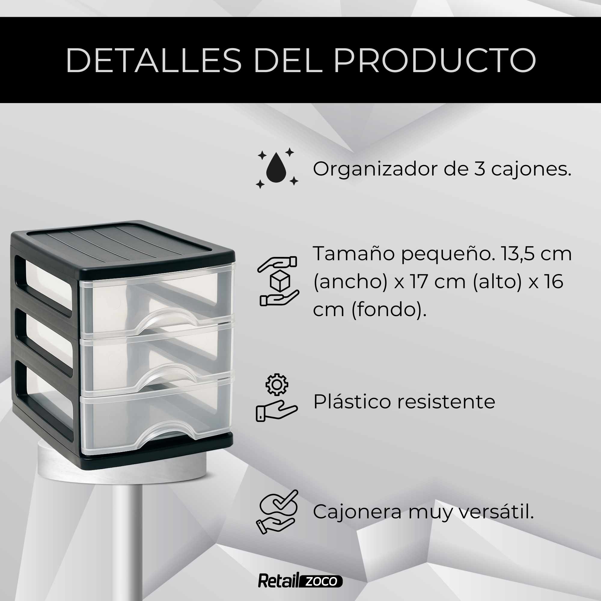 Cajonera de plastico 3 niveles Turia Negro - imagen 3