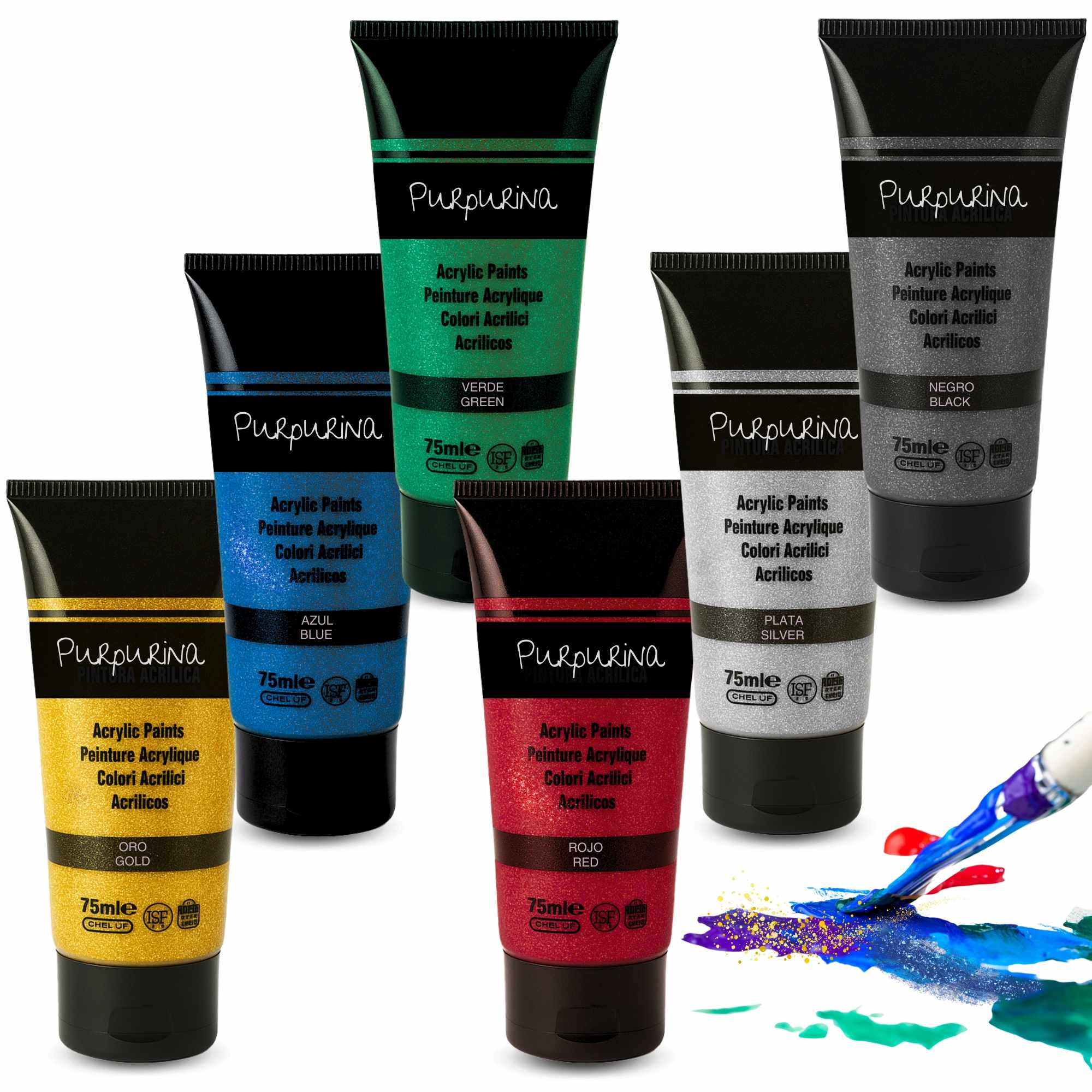 Pack Pinturas acrilicas Purpurina de 6 Colores para lienzos y Manualidades 75 ml