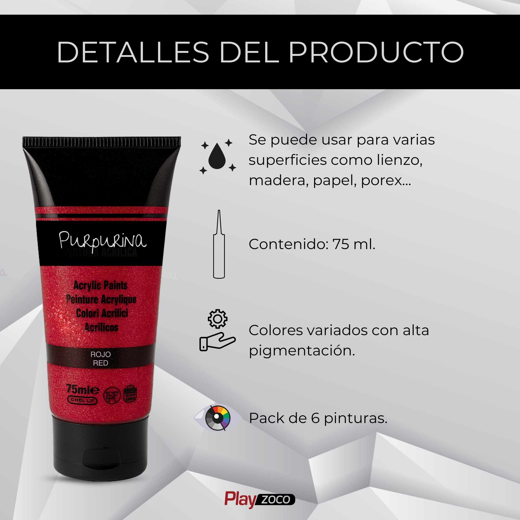Pack Pinturas acrilicas Purpurina de 6 Colores para lienzos y Manualidades 75 ml - imagen 3