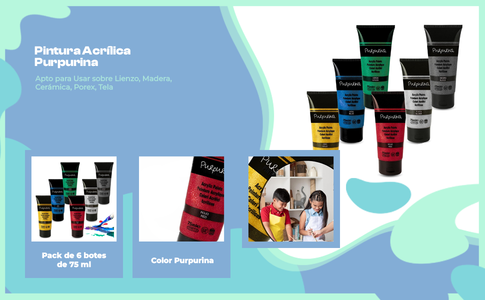 Banner - Pack Pinturas acrilicas Purpurina de 6 Colores para lienzos y Manualidades 75 ml