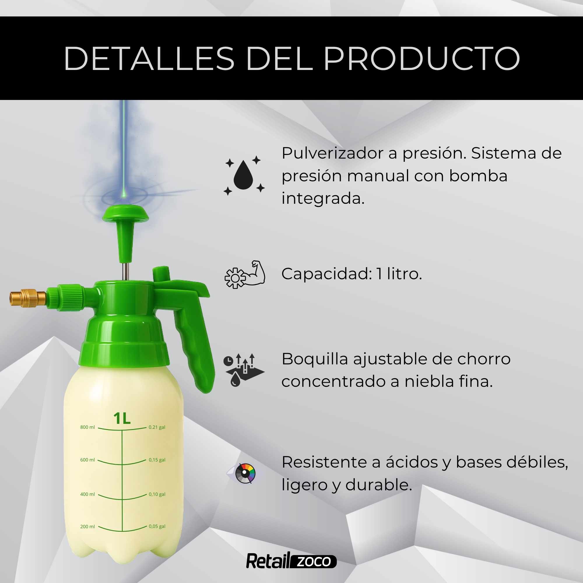 Pulverizador a presión con mecanismo de gatillo con bloqueo 1 Litros - imagen 3