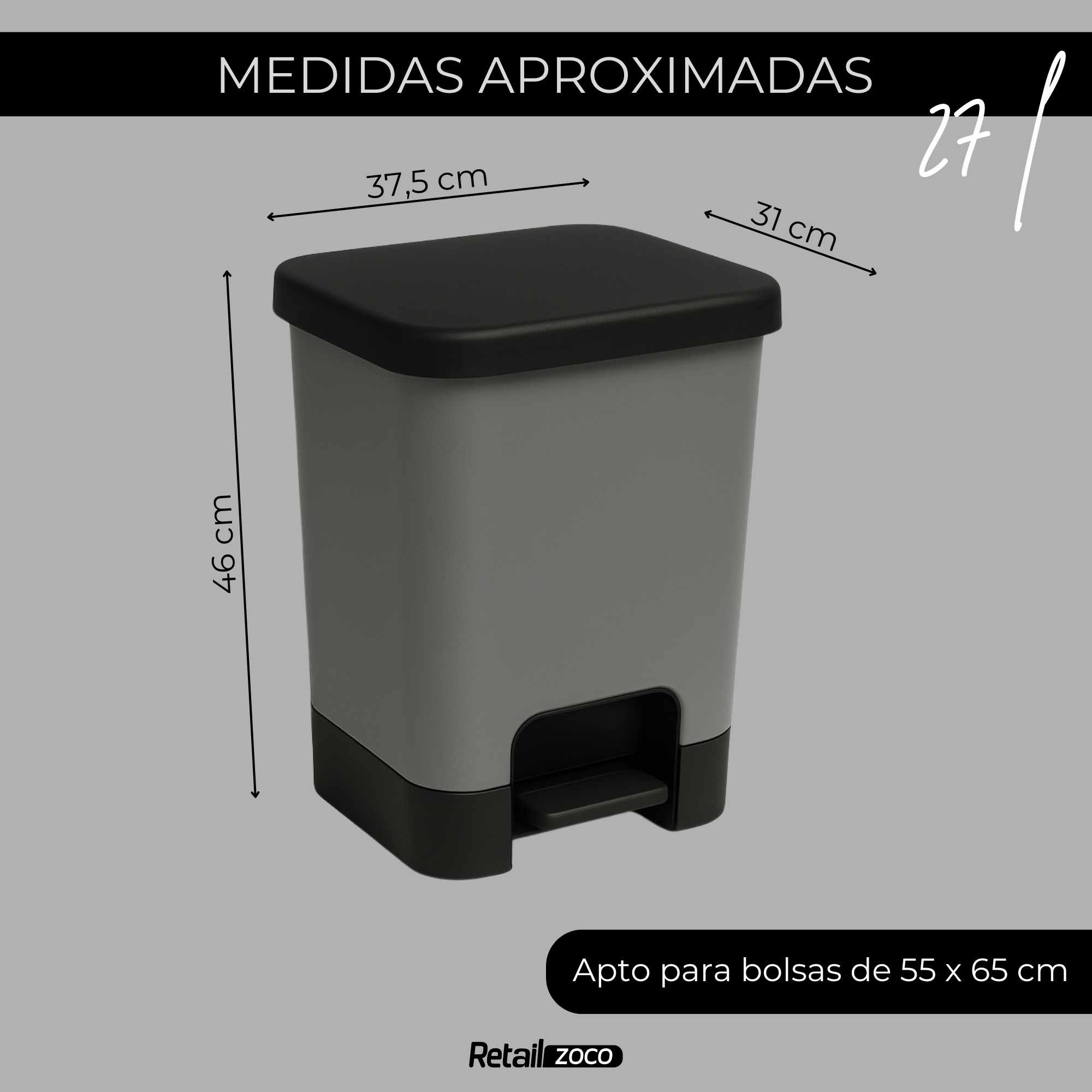 Cubo basura plastico apertura pedal moderno 27 Litros Gris tapa negra - imagen 3