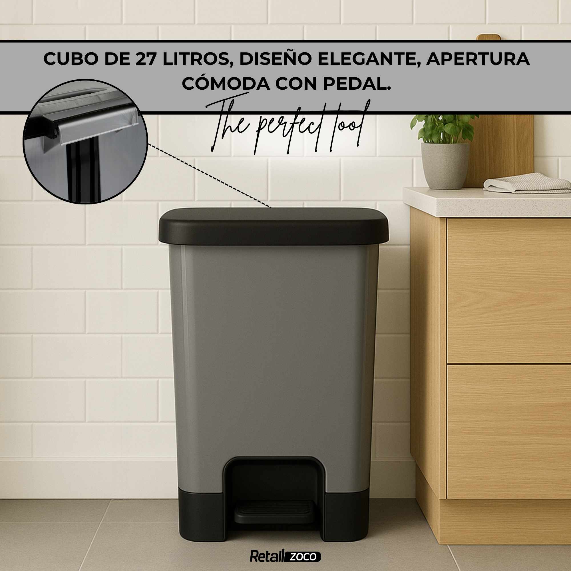 Cubo basura plastico apertura pedal moderno 27 Litros Gris tapa negra - imagen 4