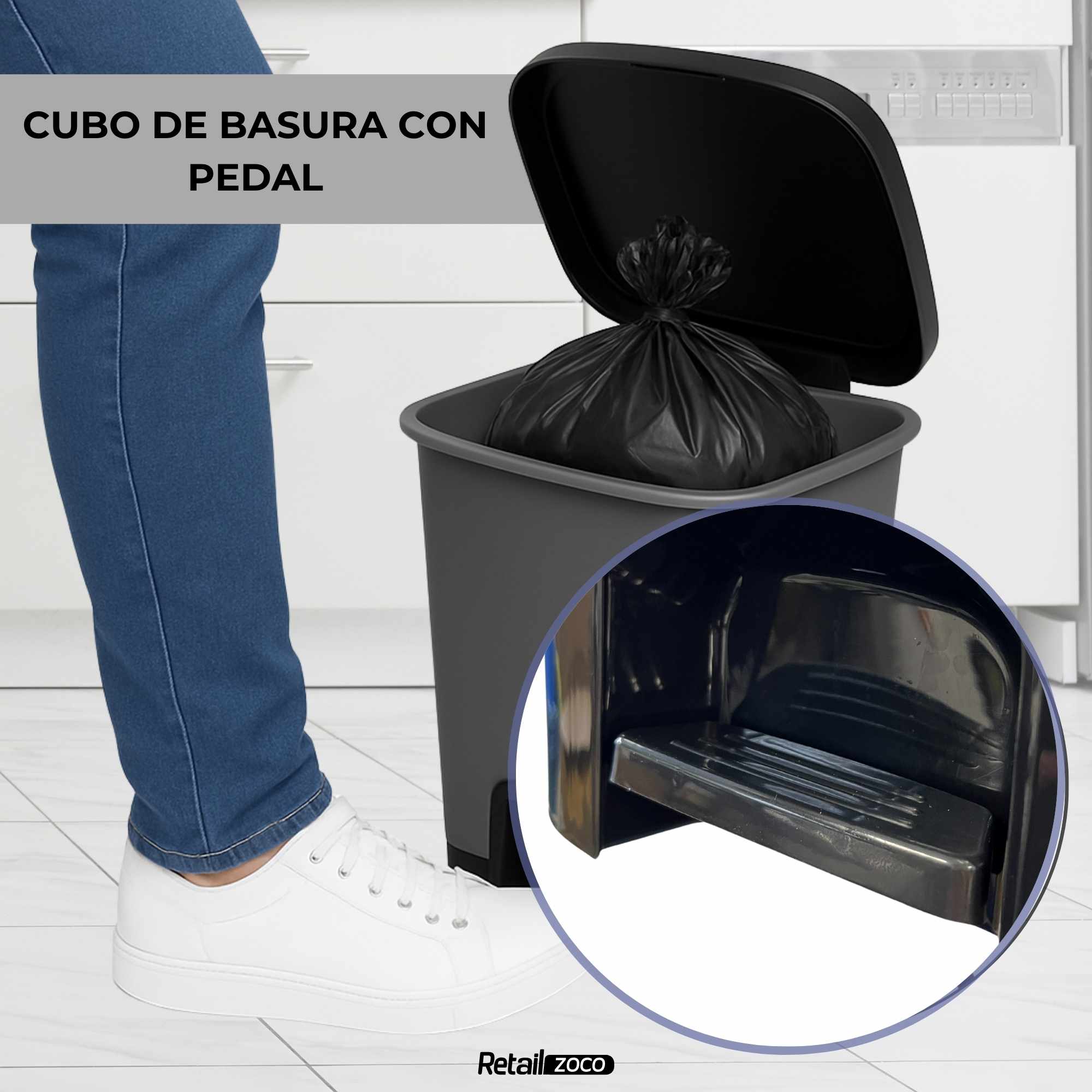 Cubo basura plastico apertura pedal moderno 27 Litros Gris tapa negra - imagen 6