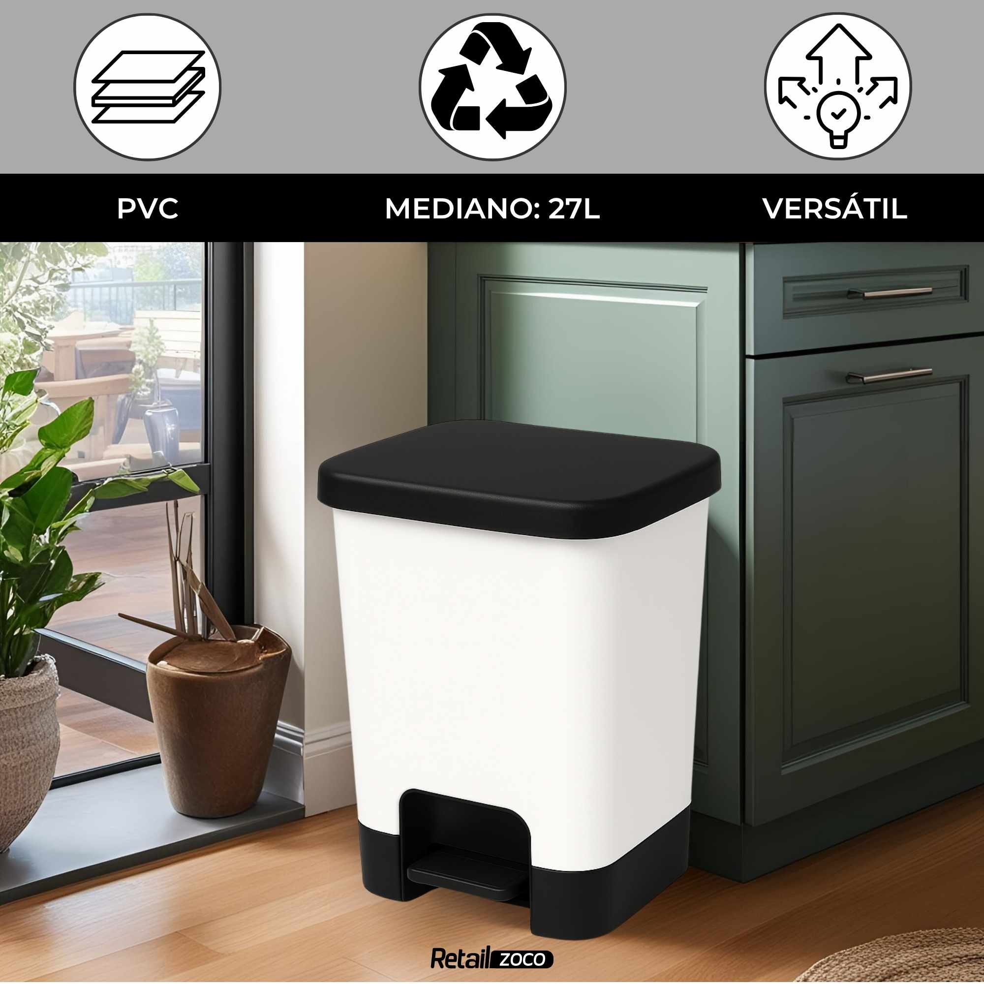 Cubo basura plastico apertura pedal moderno 27 Litros Blanco tapa negra - imagen 2