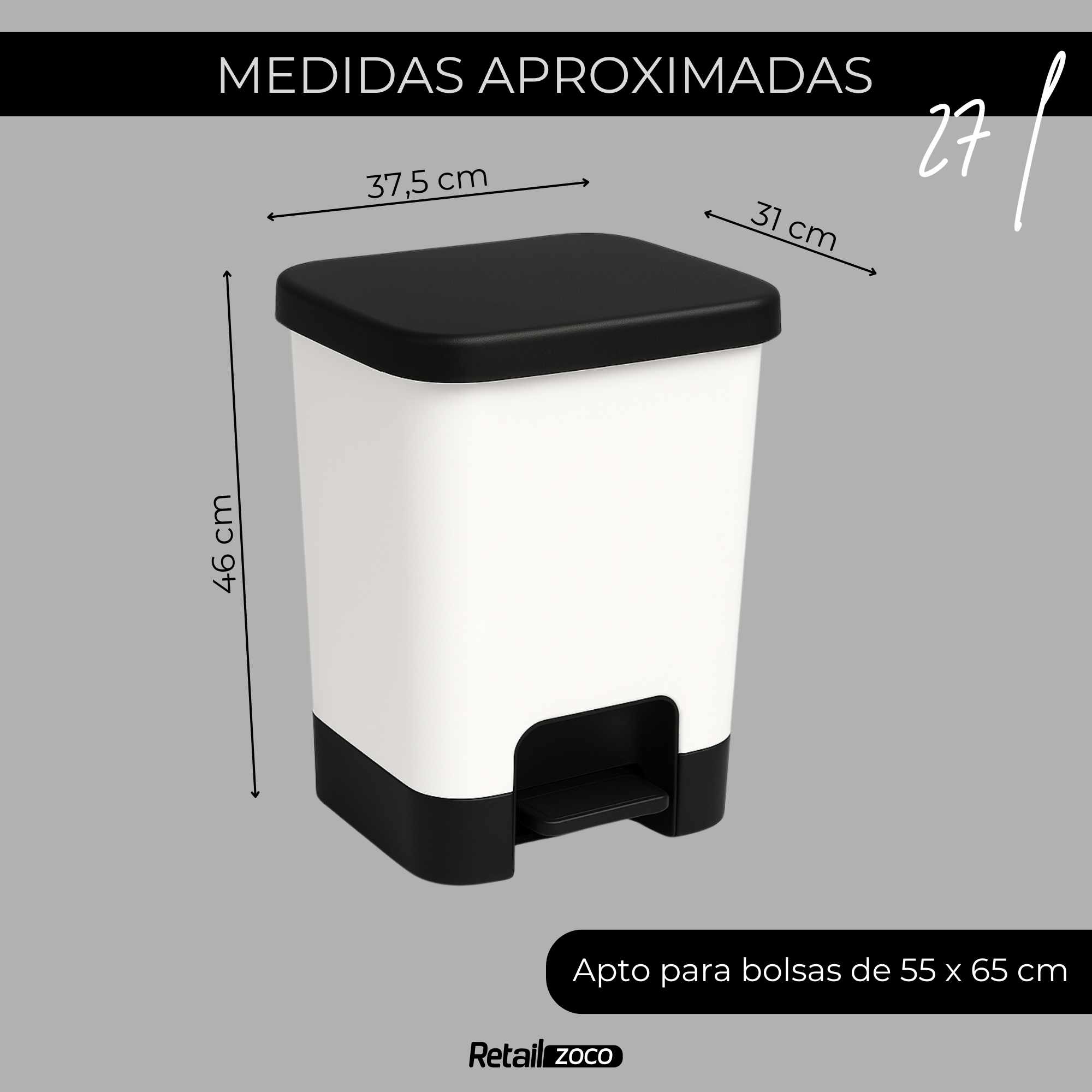 Cubo basura plastico apertura pedal moderno 27 Litros Blanco tapa negra - imagen 3