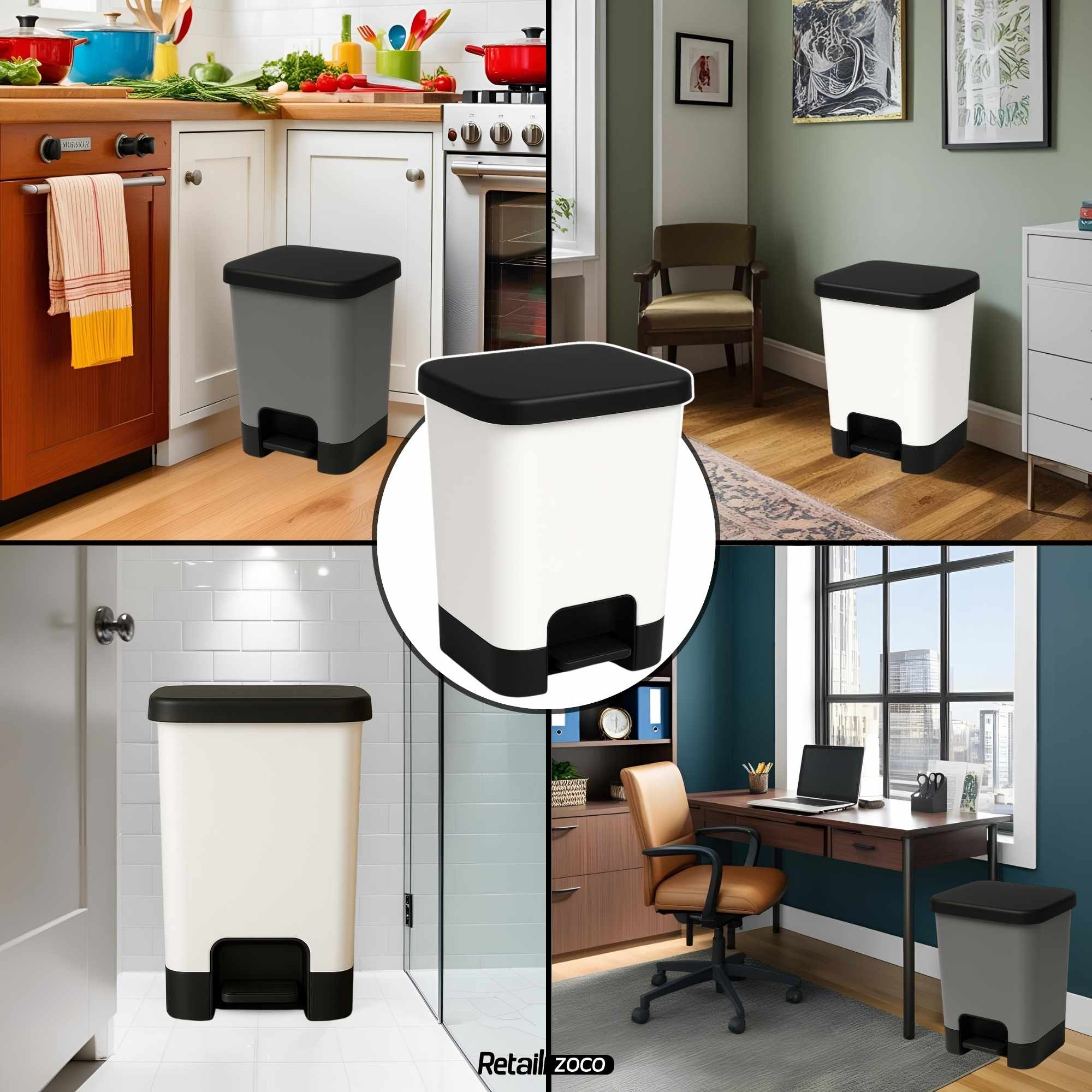 Cubo basura plastico apertura pedal moderno 27 Litros Blanco tapa negra - imagen 4