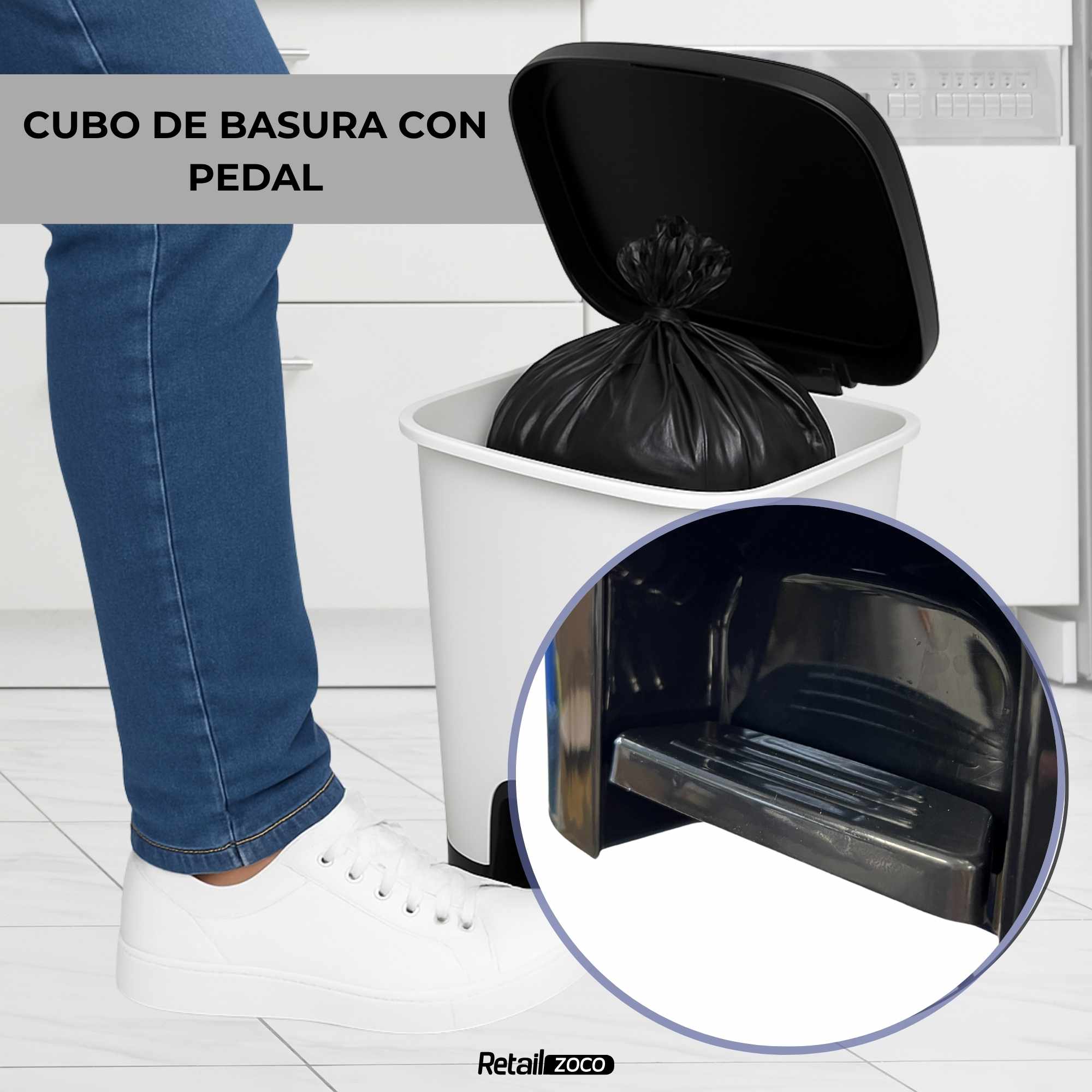 Cubo basura plastico apertura pedal moderno 27 Litros Blanco tapa negra - imagen 6