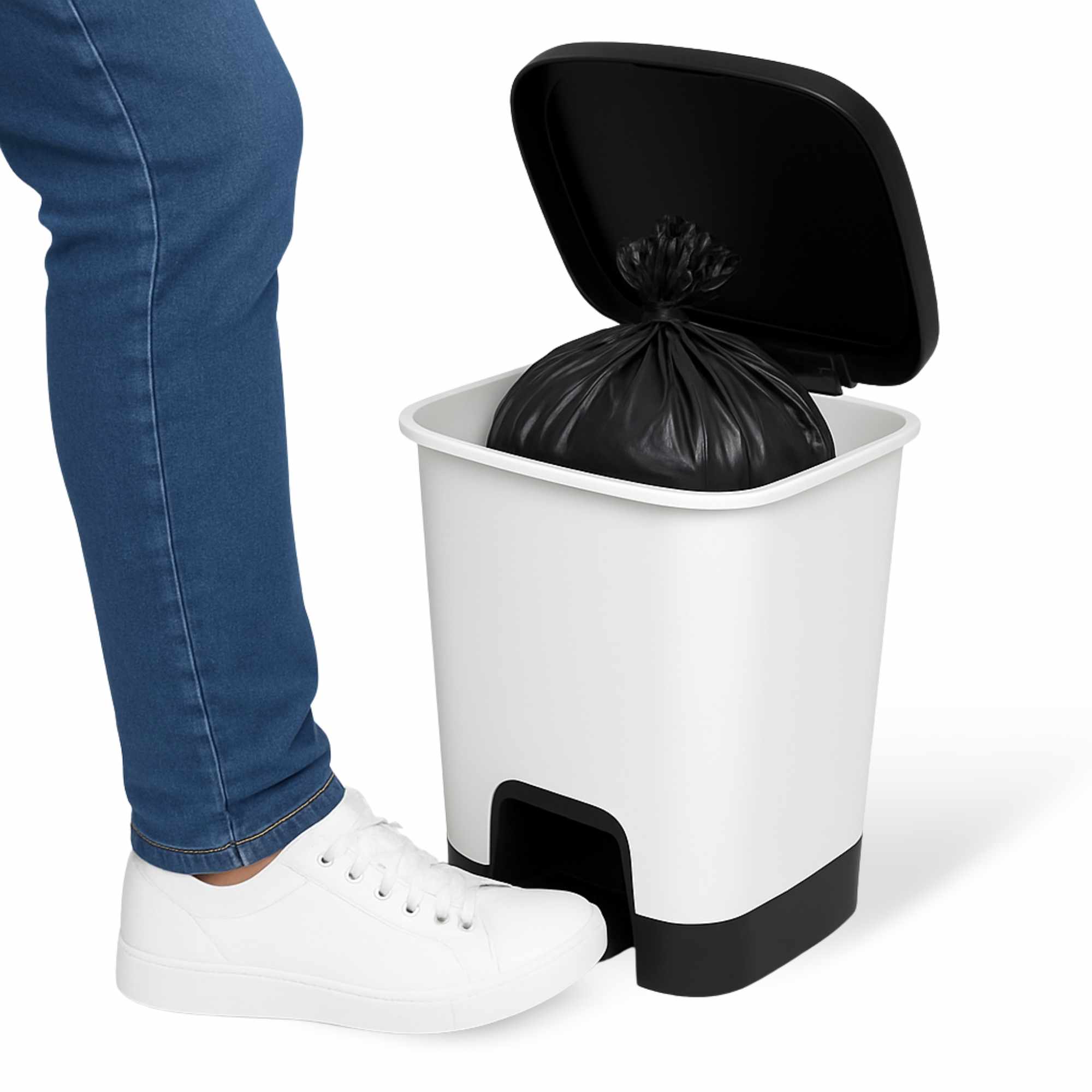 Cubo basura plastico apertura pedal moderno 27 Litros Blanco tapa negra