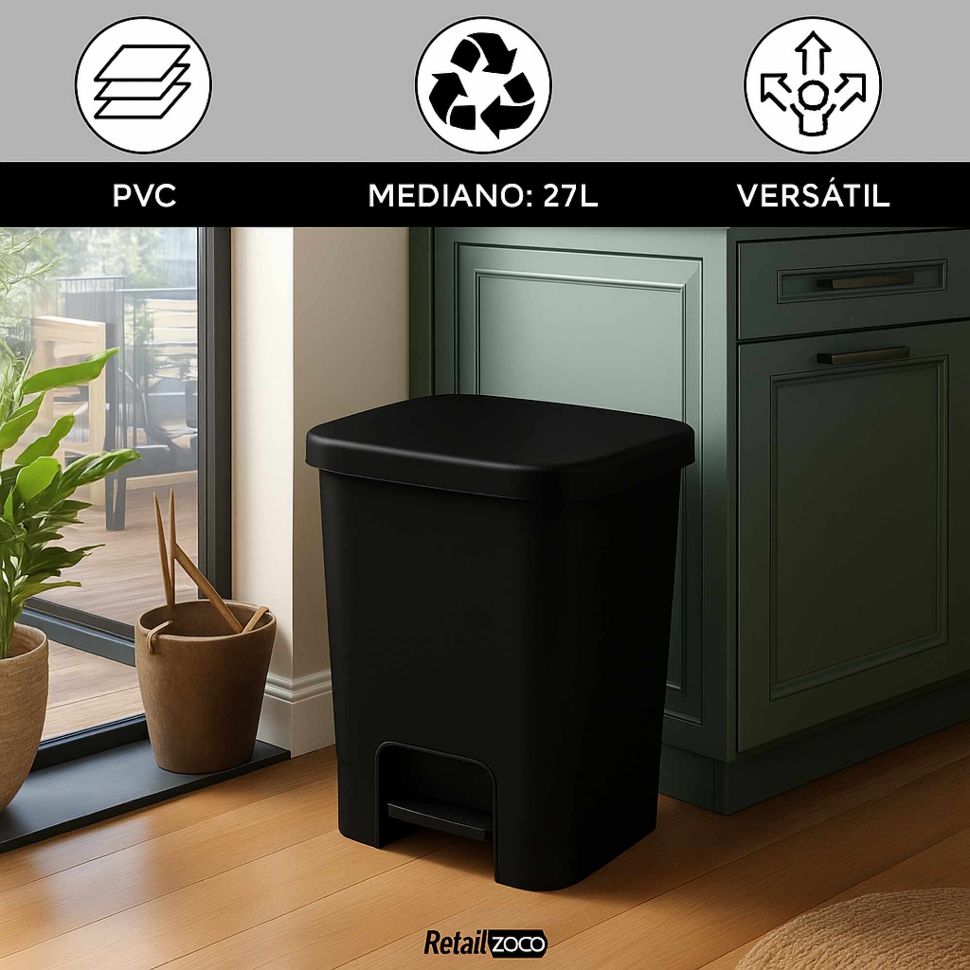 Cubo basura plastico apertura pedal moderno 27 Litros negro - imagen 2