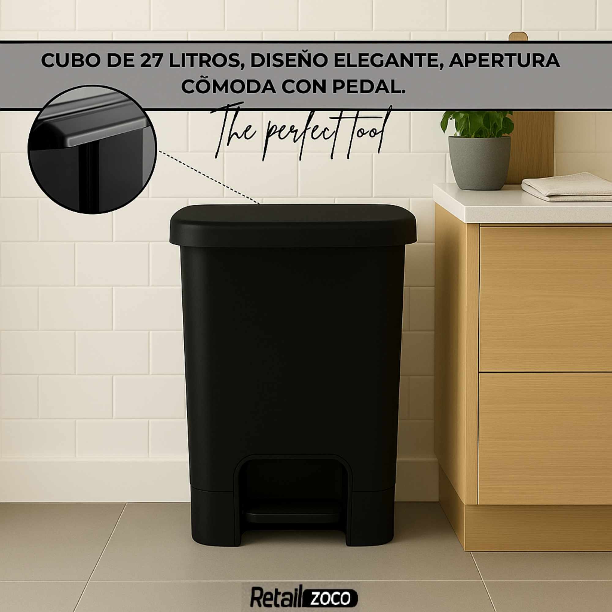 Cubo basura plastico apertura pedal moderno 27 Litros negro - imagen 4