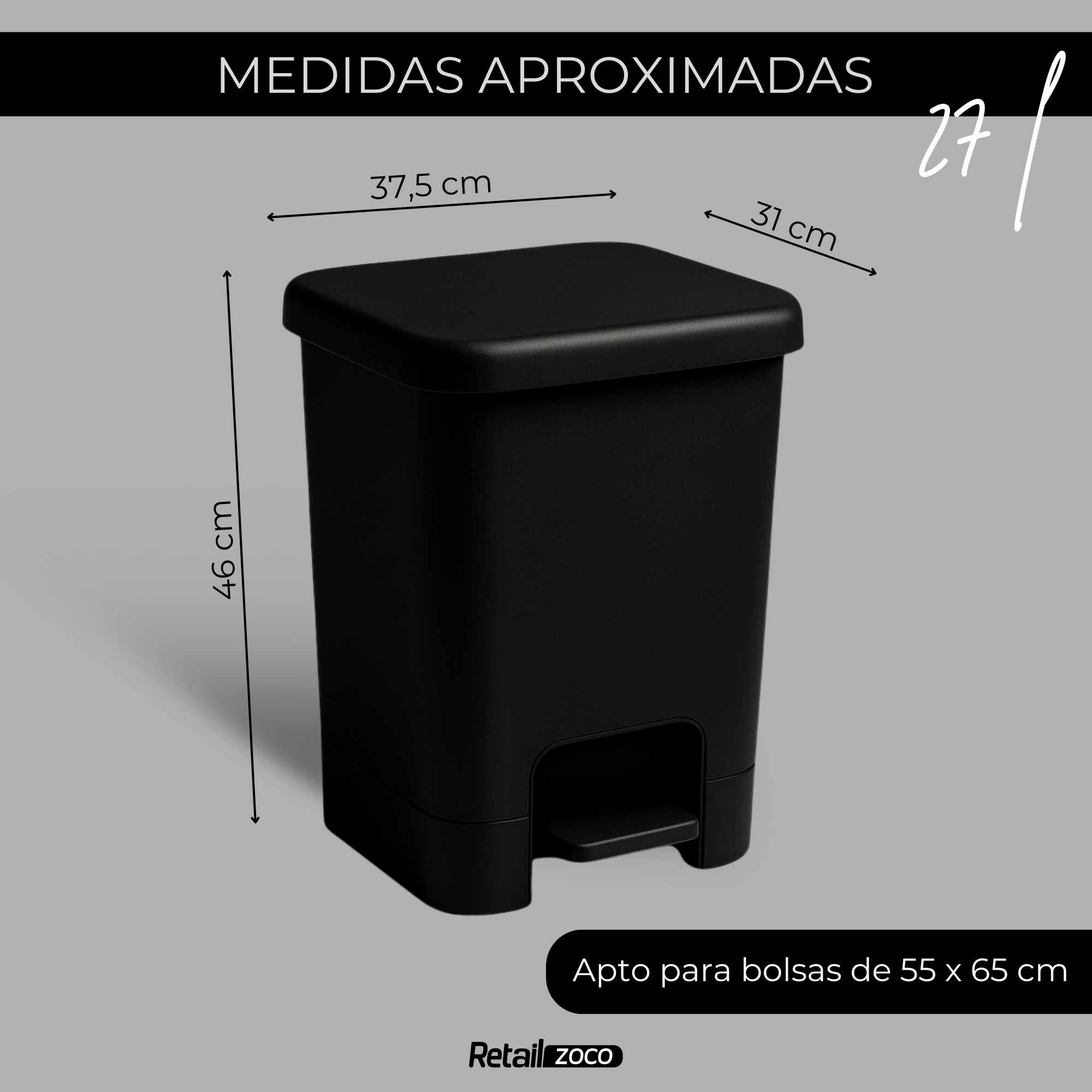 Cubo basura plastico apertura pedal moderno 27 Litros negro - imagen 3