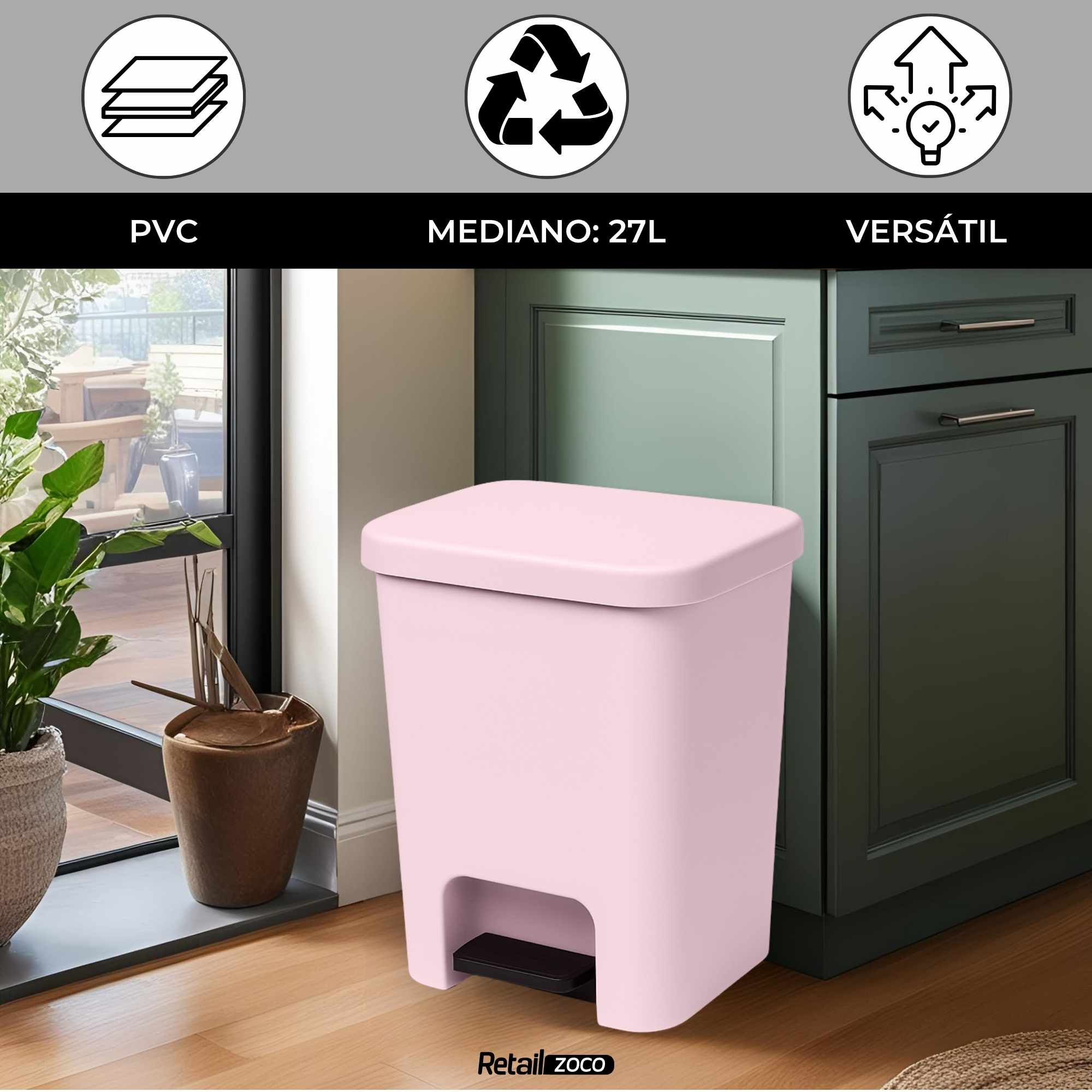 Cubo basura plastico apertura pedal moderno 27 Litros Rosa Claro - imagen 2