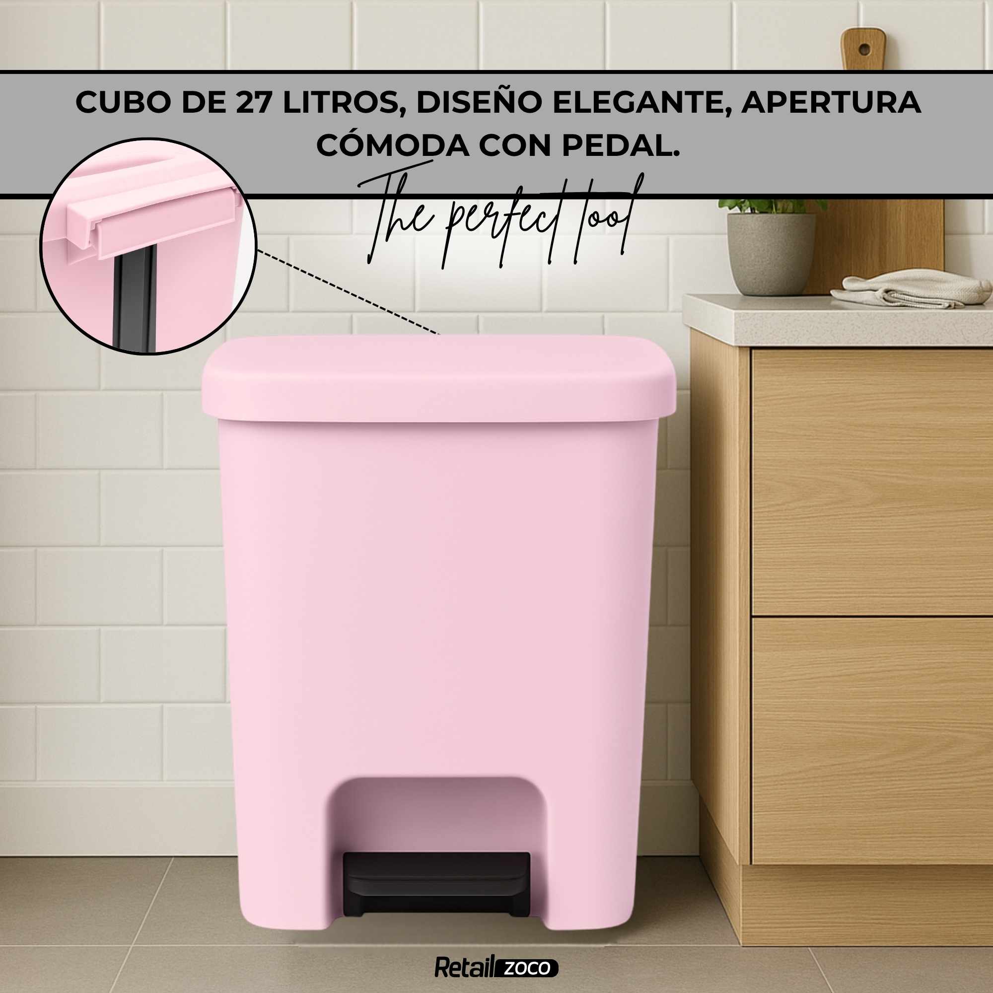 Cubo basura plastico apertura pedal moderno 27 Litros Rosa Claro - imagen 5