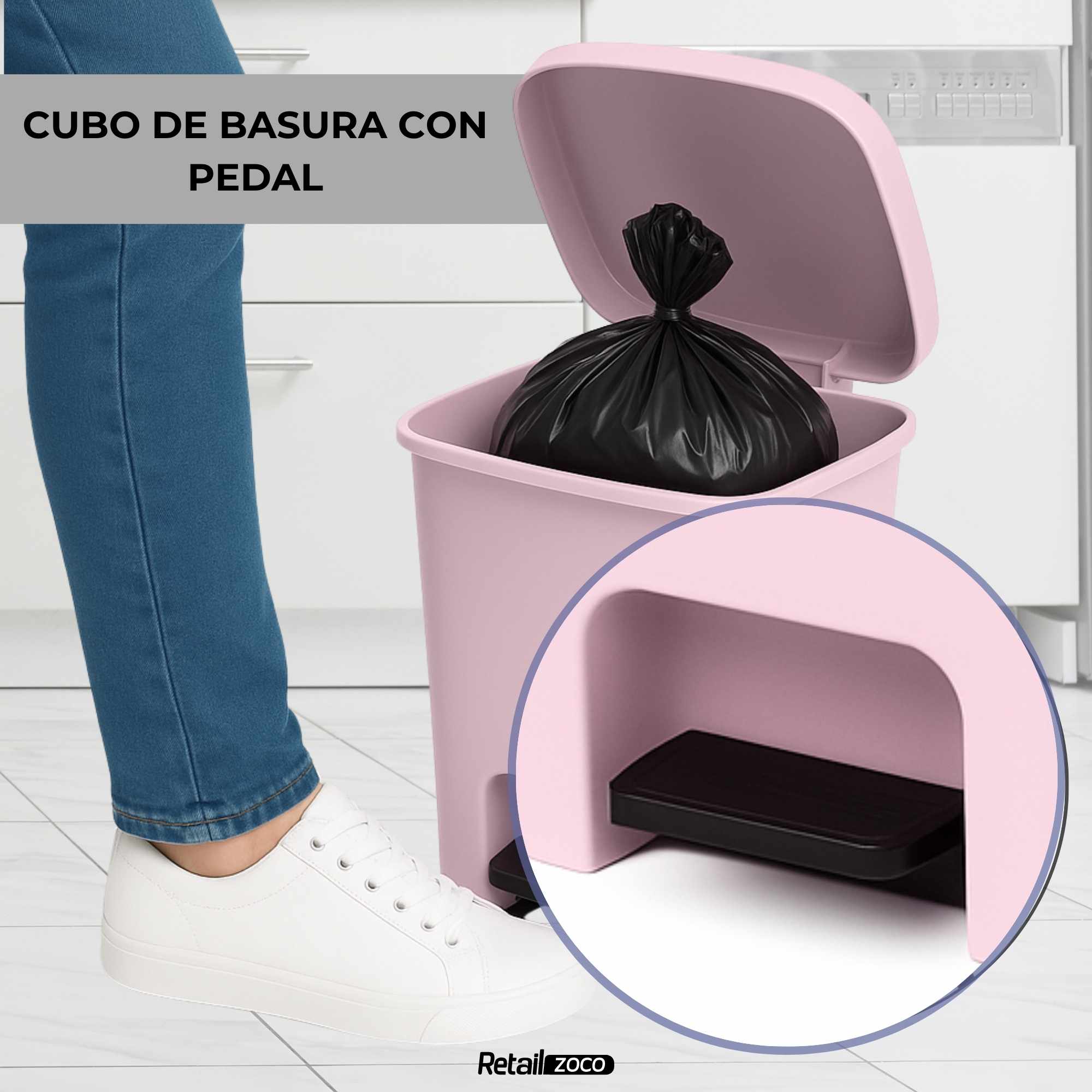 Cubo basura plastico apertura pedal moderno 27 Litros Rosa Claro - imagen 6