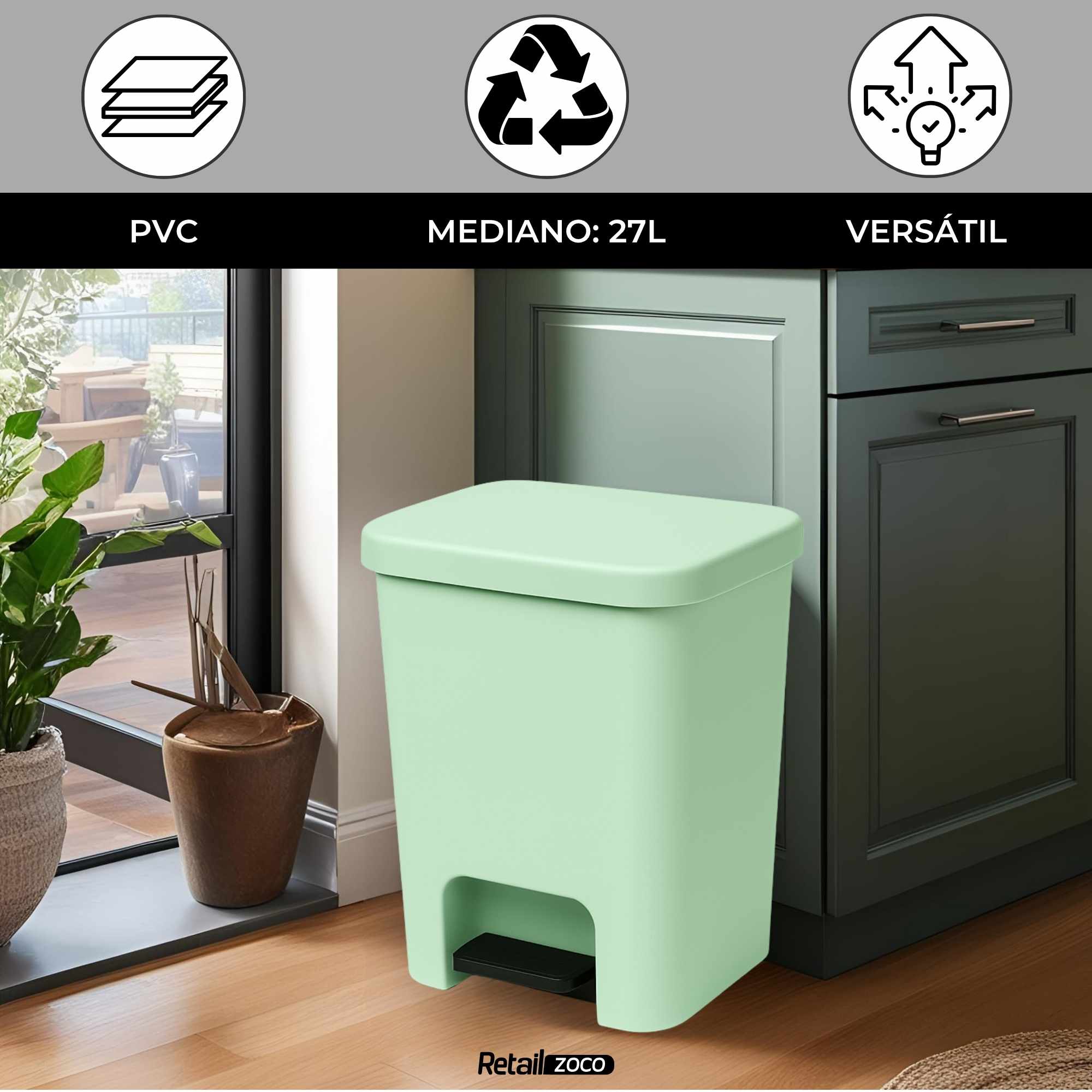 Cubo basura plastico apertura pedal moderno 27 Litros Verde Claro - imagen 2